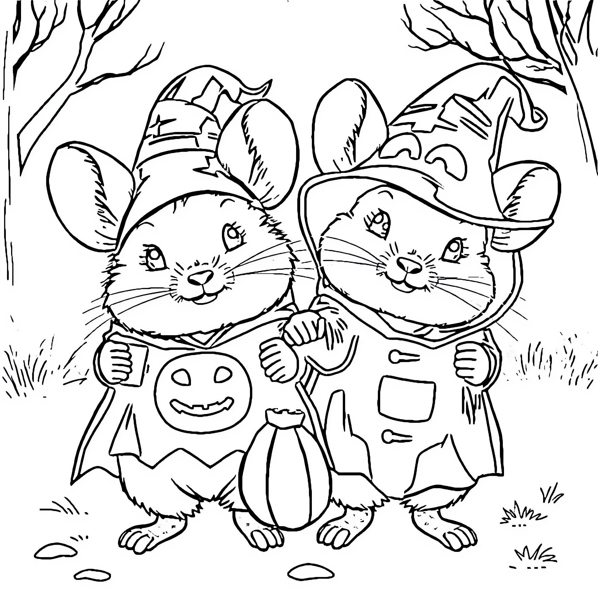 Chinchillas in Halloween Costumes Exploring the Forest Coloring Page (free black-and-white line drawing printable PDF for all, from beginners to advanced learners, including children, teens, adults, and seniors)