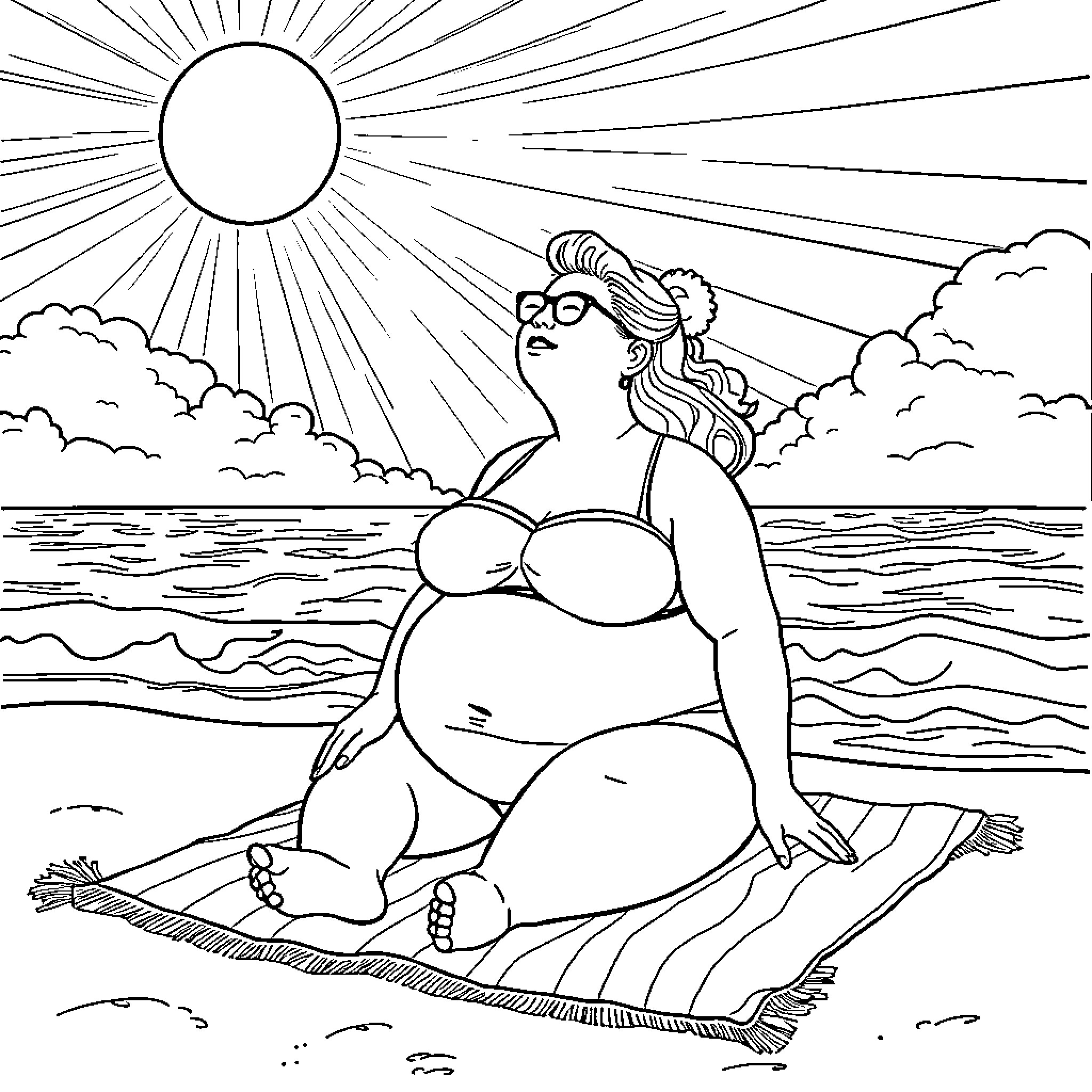 Woman enjoying the sun on the beach Coloring Page (free black-and-white line drawing printable PDF for all, from beginners to advanced learners, including children, teens, adults, and seniors)