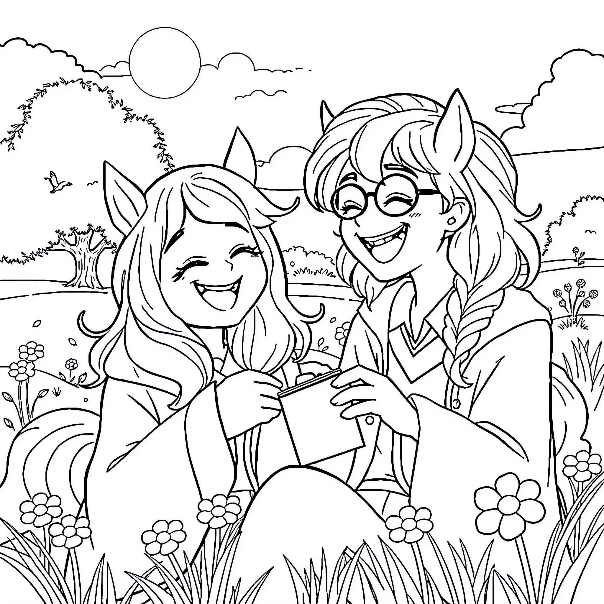 Hermione Granger and friend laughing together in nature Coloring Page (free black-and-white line drawing printable PDF for all, from beginners to advanced learners, including children, teens, adults, and seniors)