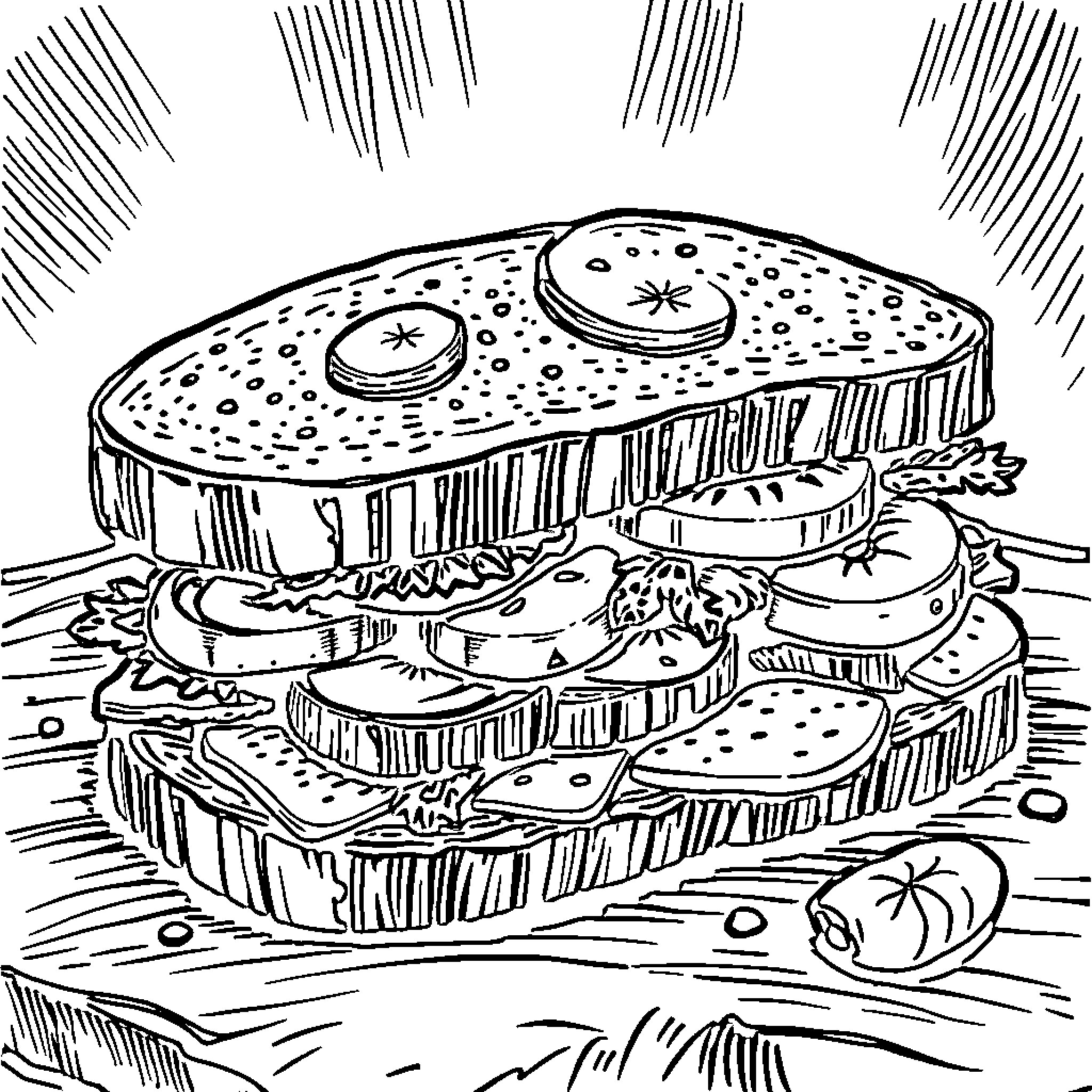 Rugbrødsmad of layered ingredients Coloring Page (free black-and-white line drawing printable PDF for all, from beginners to advanced learners, including children, teens, adults, and seniors)