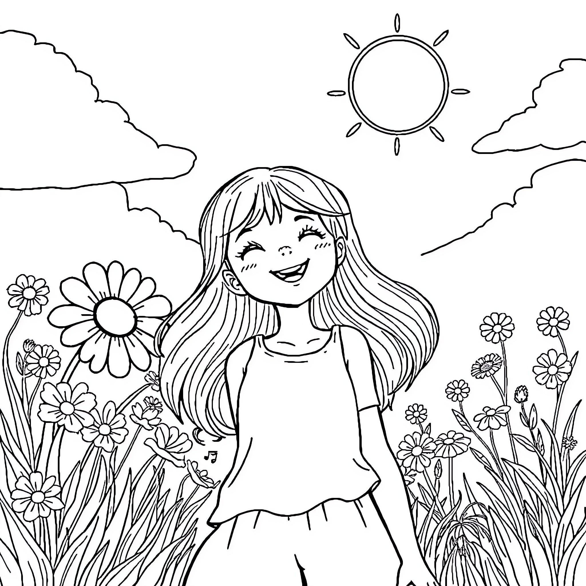 Summer girl enjoying the sunny day in the garden Coloring Page (free black-and-white line drawing printable PDF for all, from beginners to advanced learners, including children, teens, adults, and seniors)