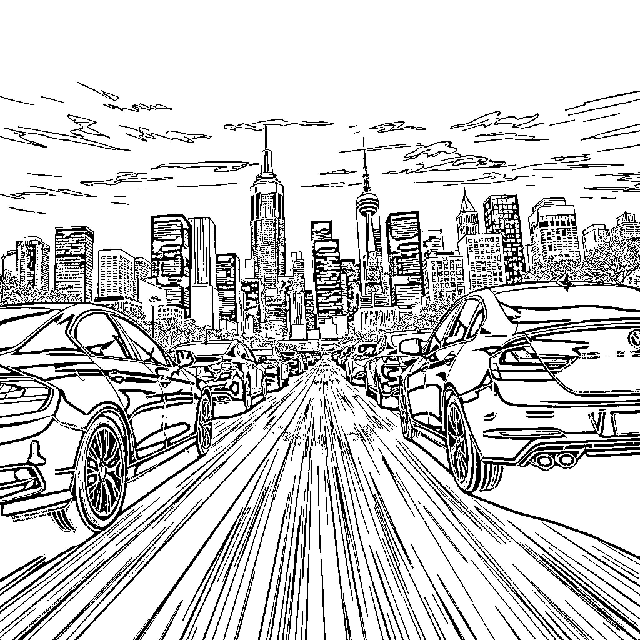 Skyline of a bustling city with moving vehicles Coloring Page (free black-and-white line drawing printable PDF for all, from beginners to advanced learners, including children, teens, adults, and seniors)