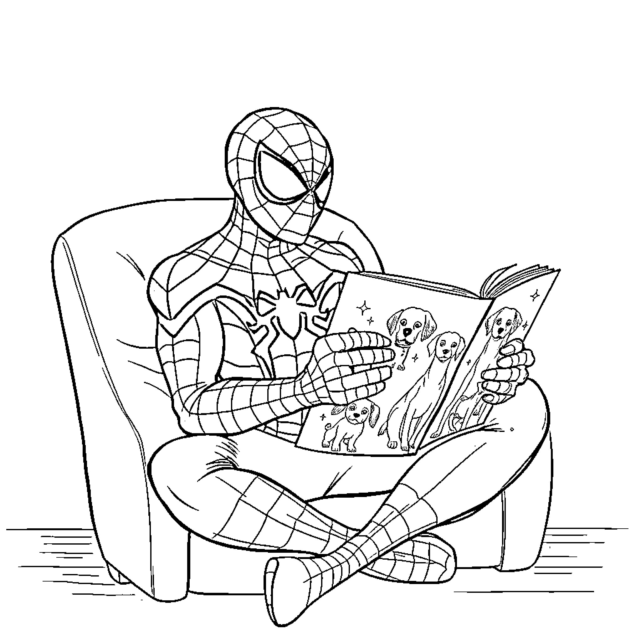 Spiderman reading a book in a chair Coloring Page (free black-and-white line drawing printable PDF for all, from beginners to advanced learners, including children, teens, adults, and seniors)