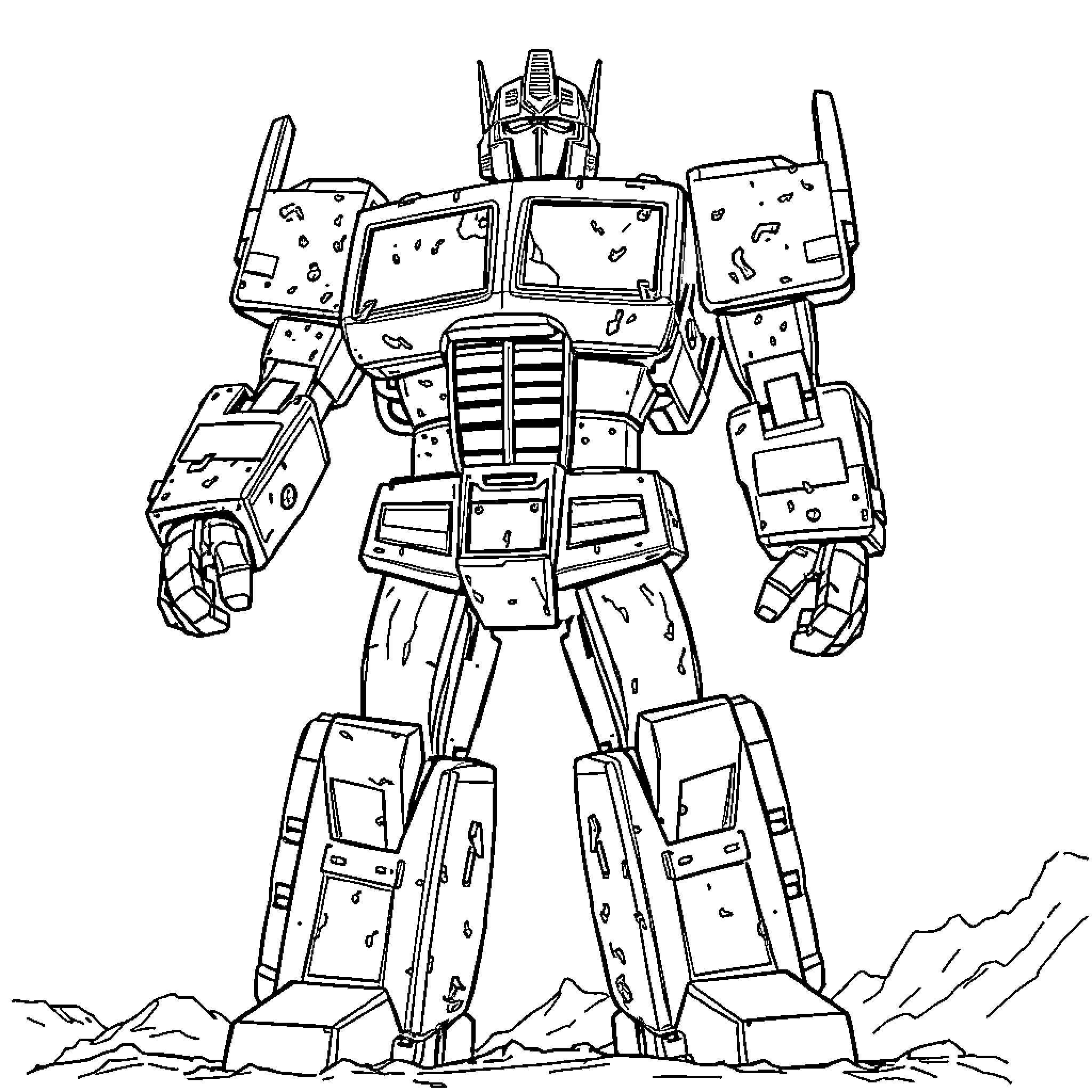 Optimus Prime standing tall and ready for action Coloring Page (free black-and-white line drawing printable PDF for all, from beginners to advanced learners, including children, teens, adults, and seniors)