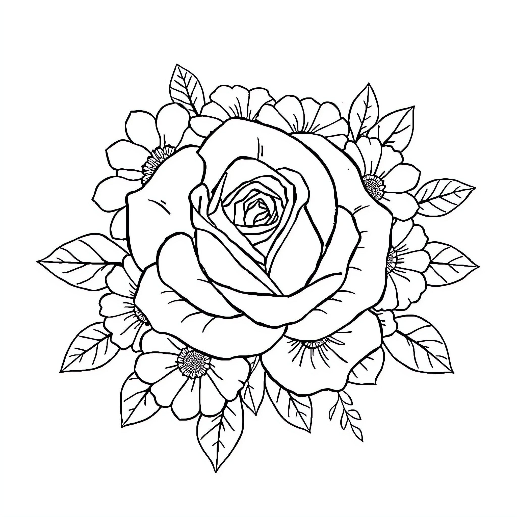 Logo of floral bouquet with rose and daisies Coloring Page (free black-and-white line drawing printable PDF for all, from beginners to advanced learners, including children, teens, adults, and seniors)