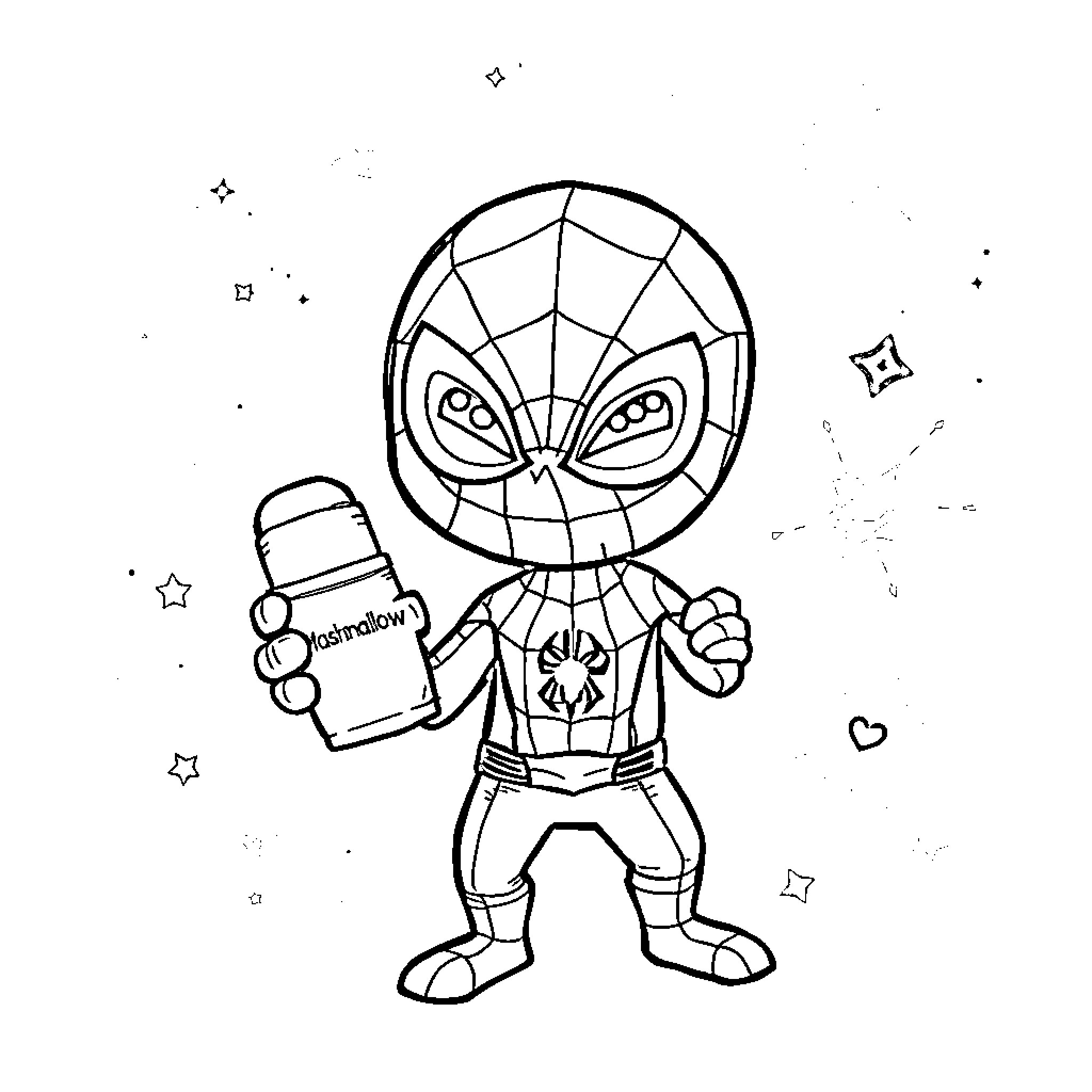 Spider-Man holding a drink and making a pose Coloring Page (free black-and-white line drawing printable PDF for all, from beginners to advanced learners, including children, teens, adults, and seniors)