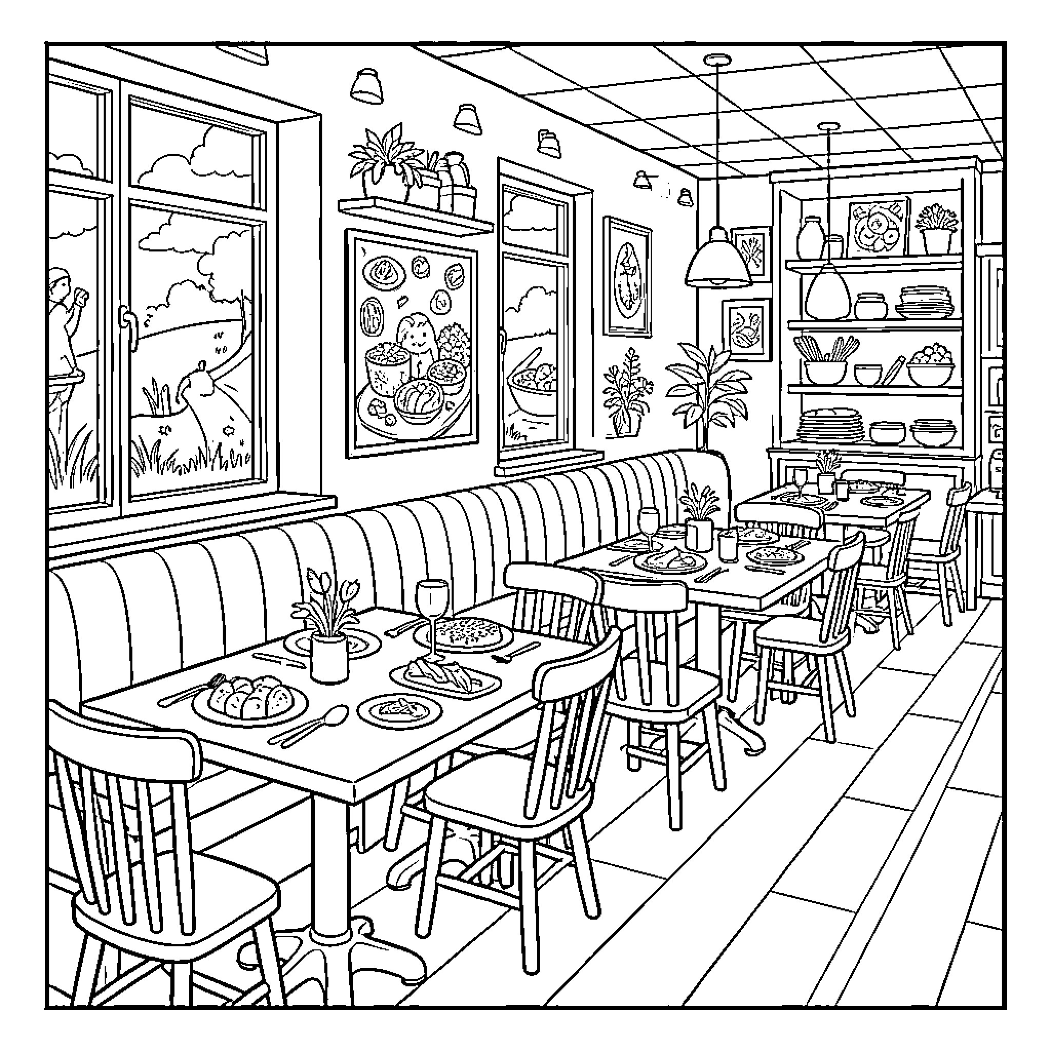 Food Served in Cozy Dining Establishment Coloring Page (free black-and-white line drawing printable PDF for all, from beginners to advanced learners, including children, teens, adults, and seniors)