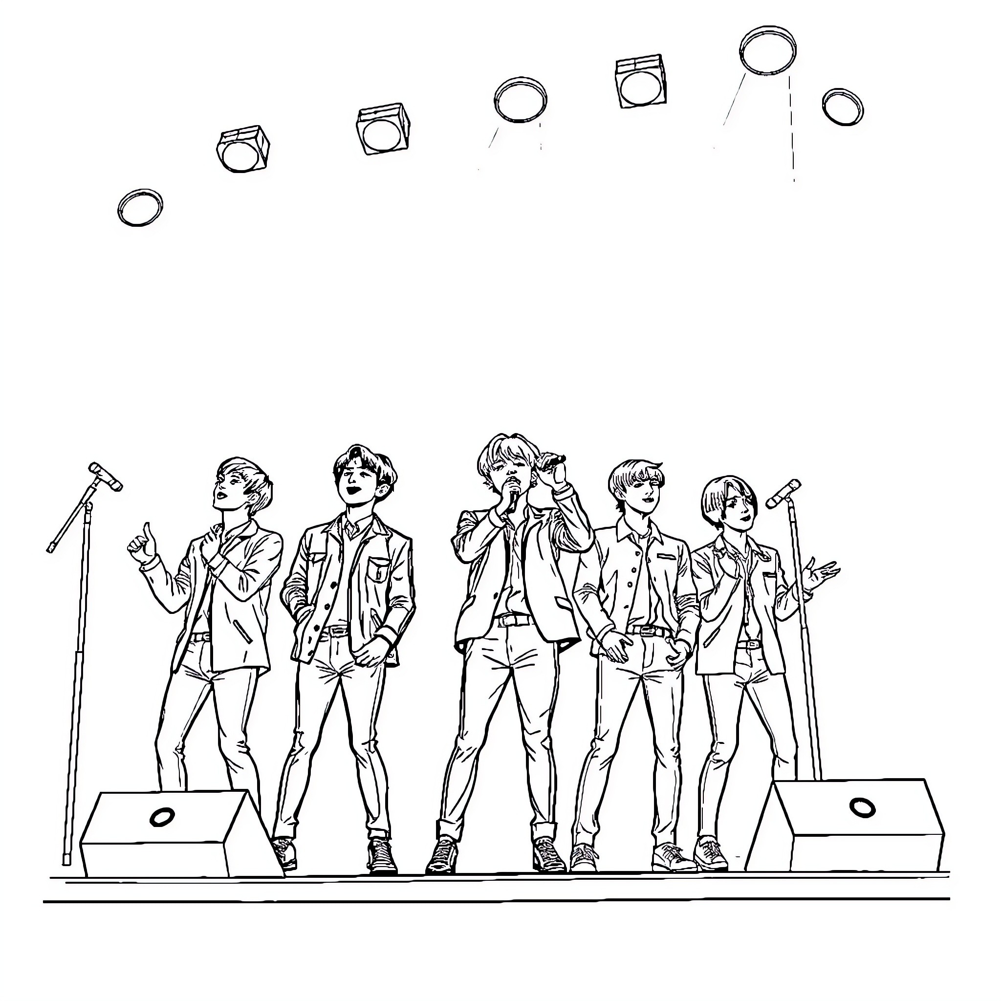 BTS performing on stage in stylish outfits Coloring Page (free black-and-white line drawing printable PDF for all, from beginners to advanced learners, including children, teens, adults, and seniors)