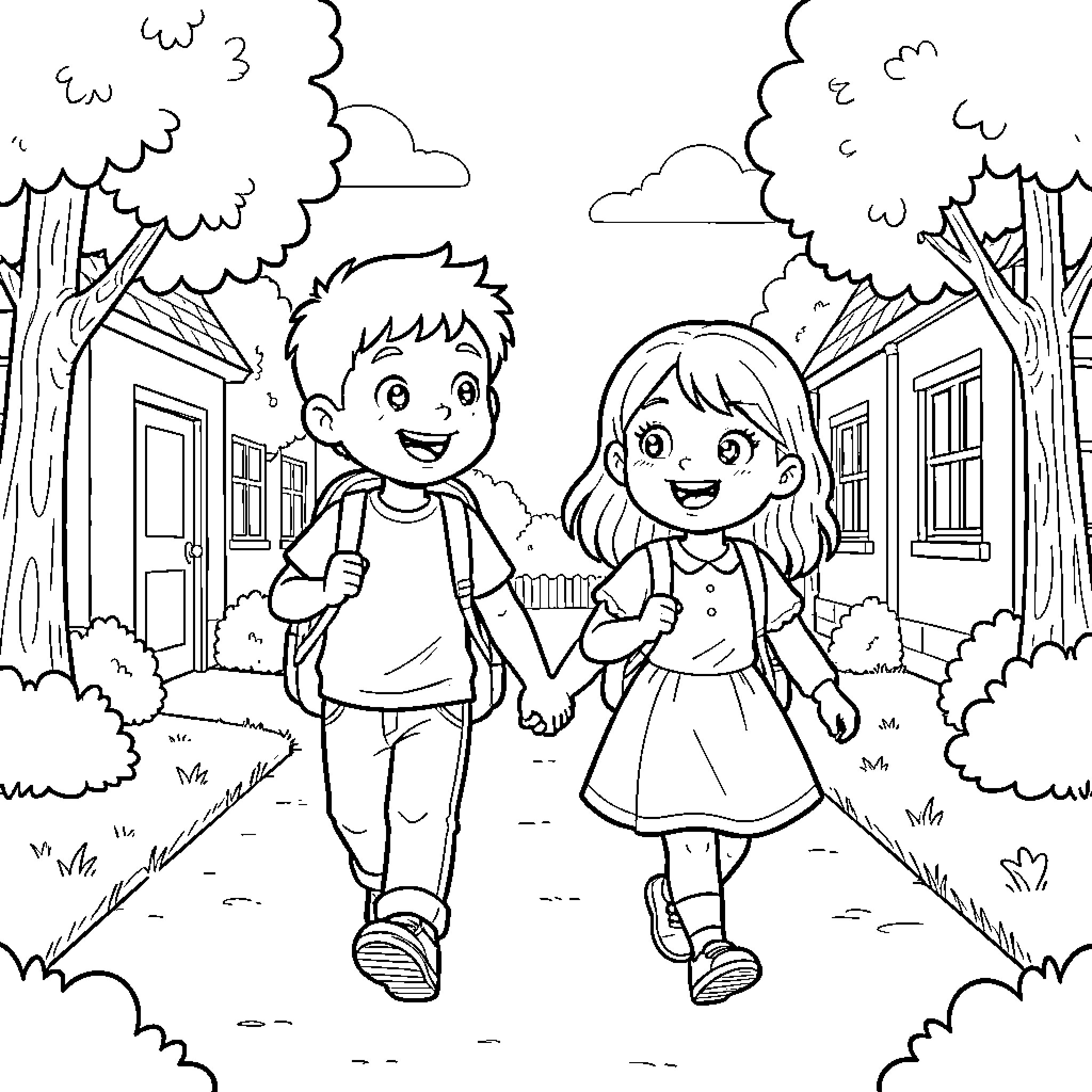 Boy holding hands with a girl while walking Coloring Page (free black-and-white line drawing printable PDF for all, from beginners to advanced learners, including children, teens, adults, and seniors)