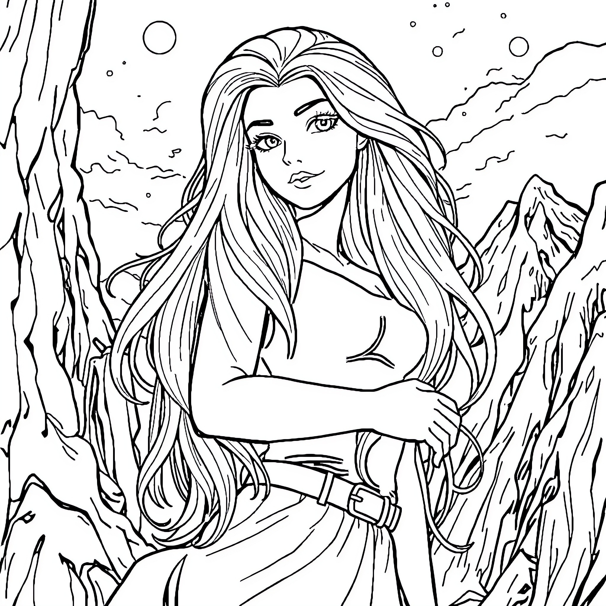 Rapunzel in a magical forest landscape Coloring Page (free black-and-white line drawing printable PDF for all, from beginners to advanced learners, including children, teens, adults, and seniors)