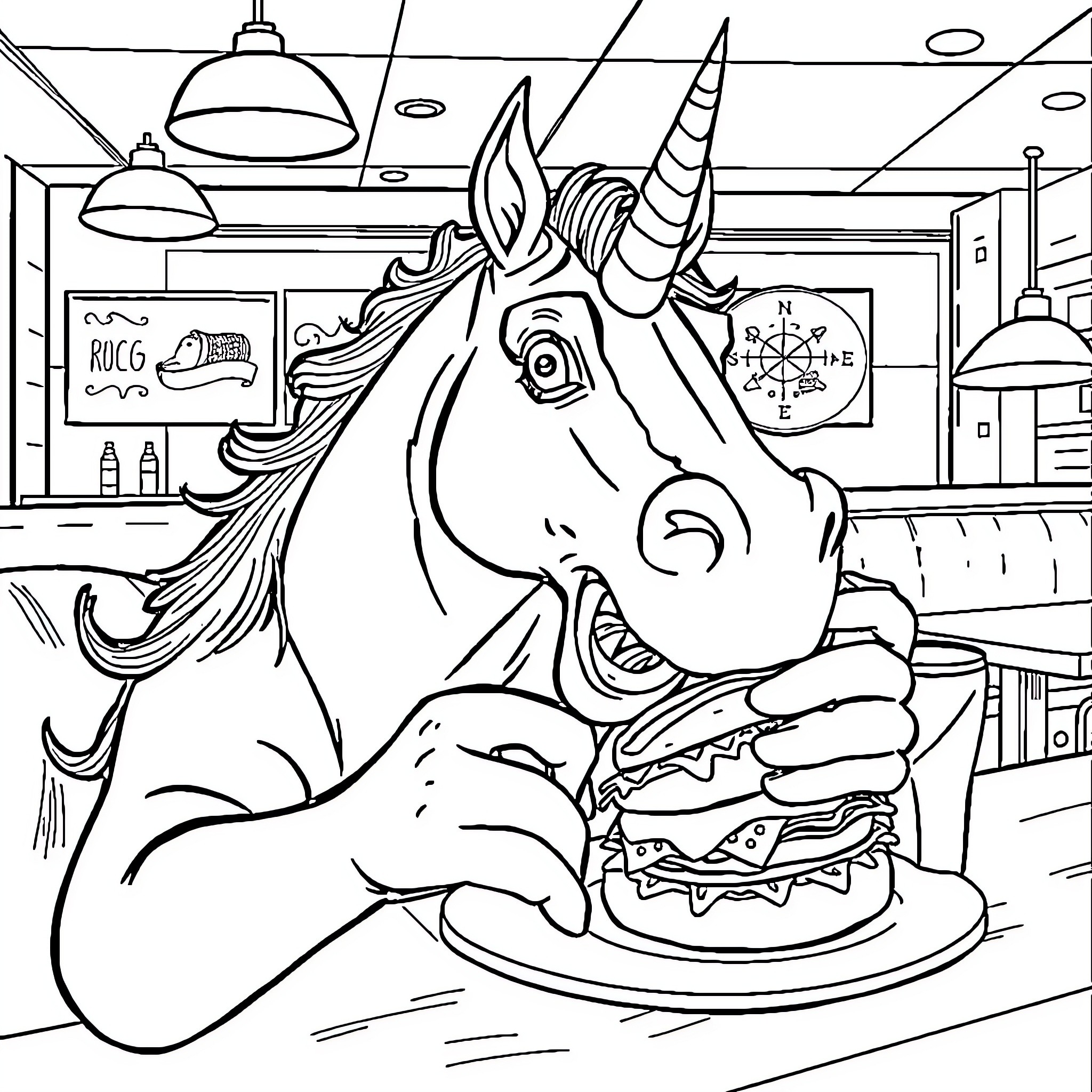 Toro the Unicorn Enjoying a Tasty Burger Coloring Page (free black-and-white line drawing printable PDF for all, from beginners to advanced learners, including children, teens, adults, and seniors)