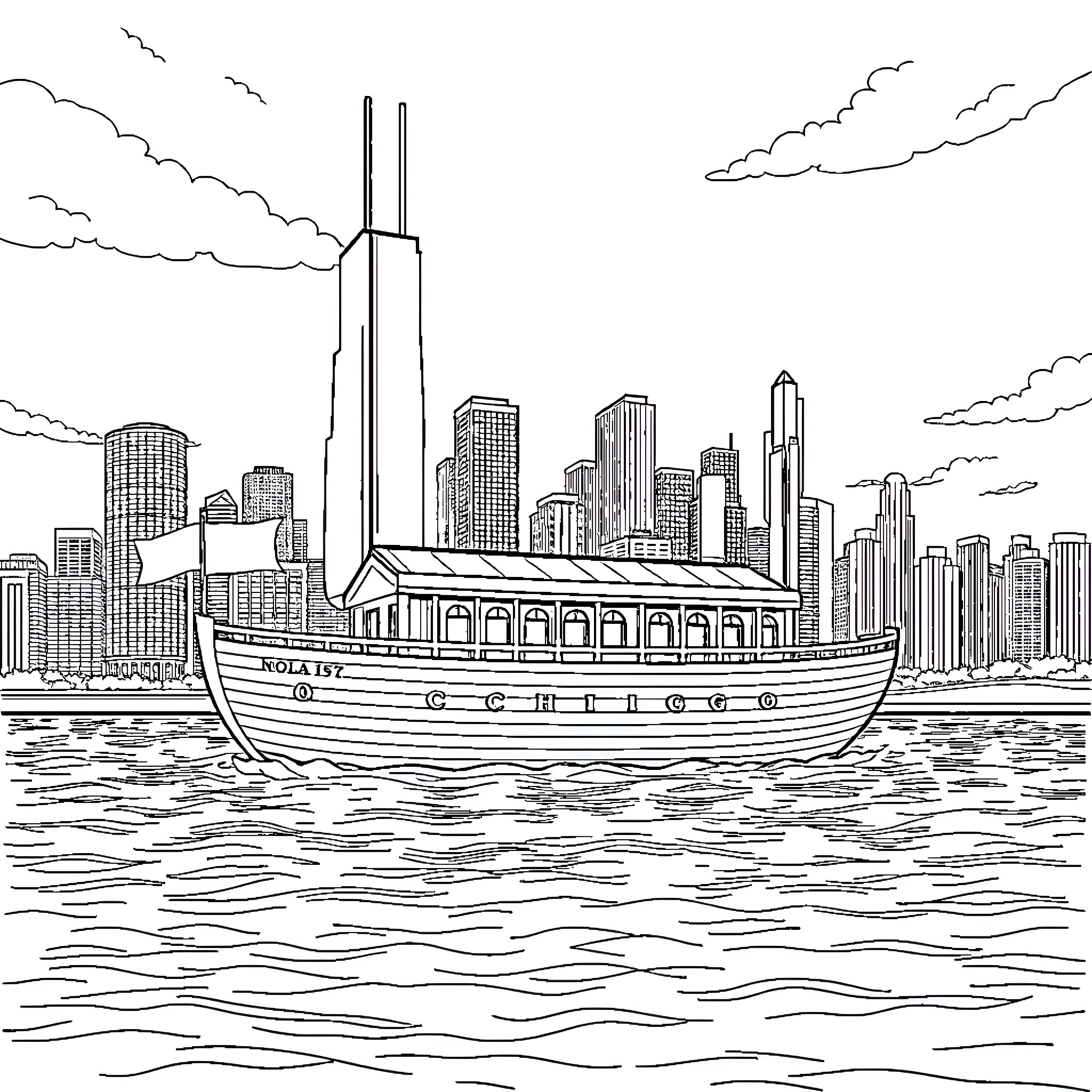 Noah's Ark Sailing Towards Cityscape in the Distance Coloring Page (free black-and-white line drawing printable PDF for all, from beginners to advanced learners, including children, teens, adults, and seniors)