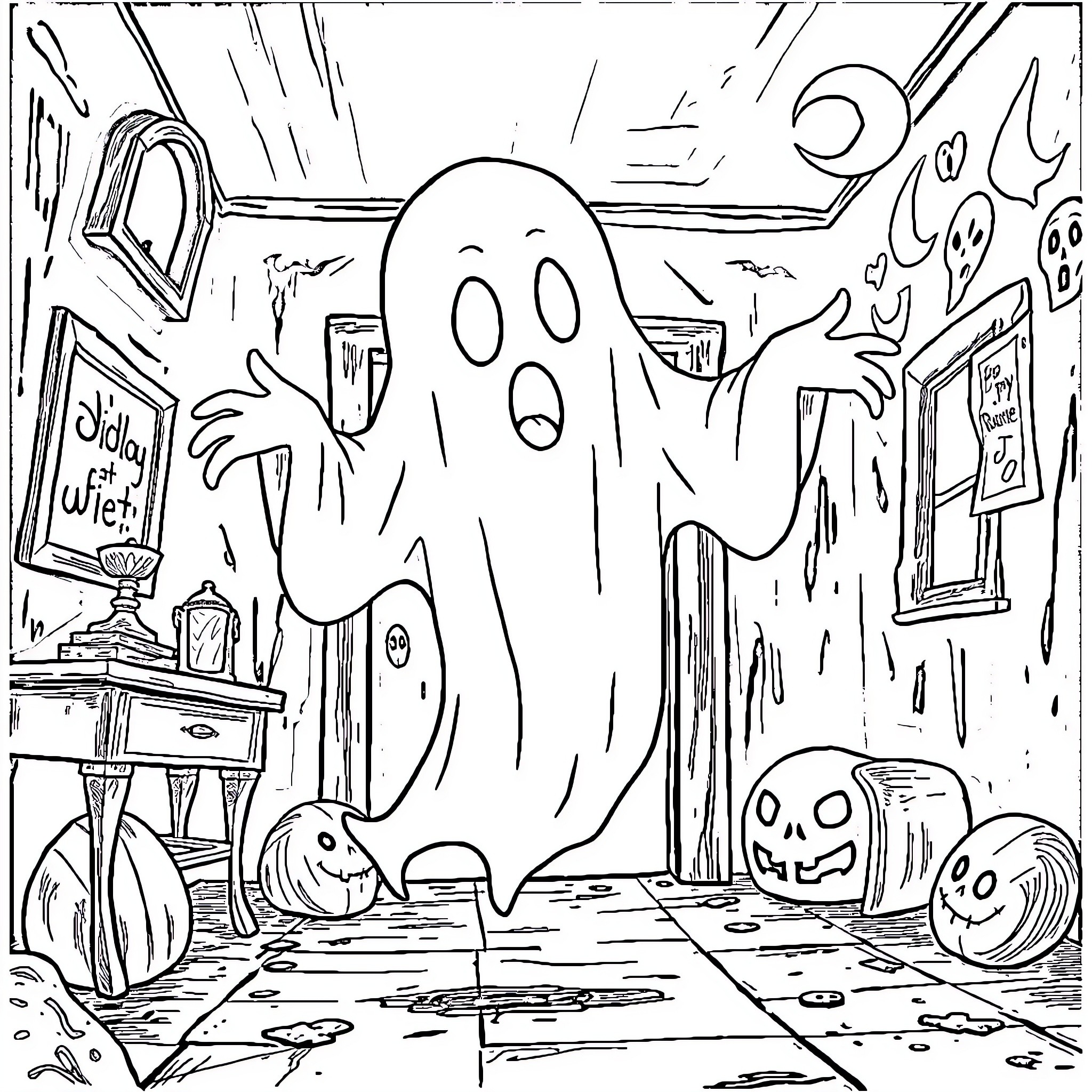 Ghost Haunting a Spooky Room on Halloween Coloring Page (free black-and-white line drawing printable PDF for all, from beginners to advanced learners, including children, teens, adults, and seniors)
