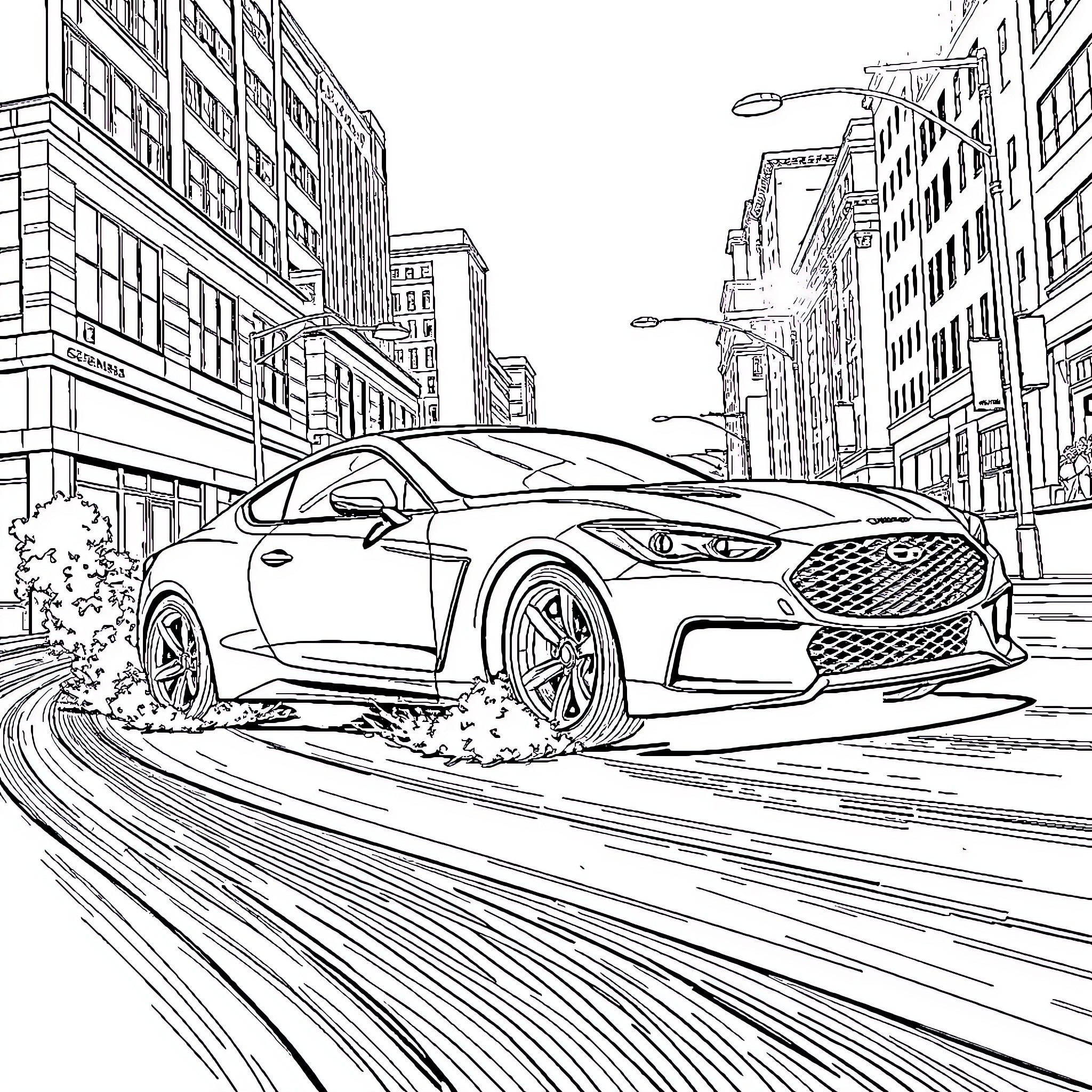 Genesis Coupe speeding through city streets Coloring Page (free black-and-white line drawing printable PDF for all, from beginners to advanced learners, including children, teens, adults, and seniors)