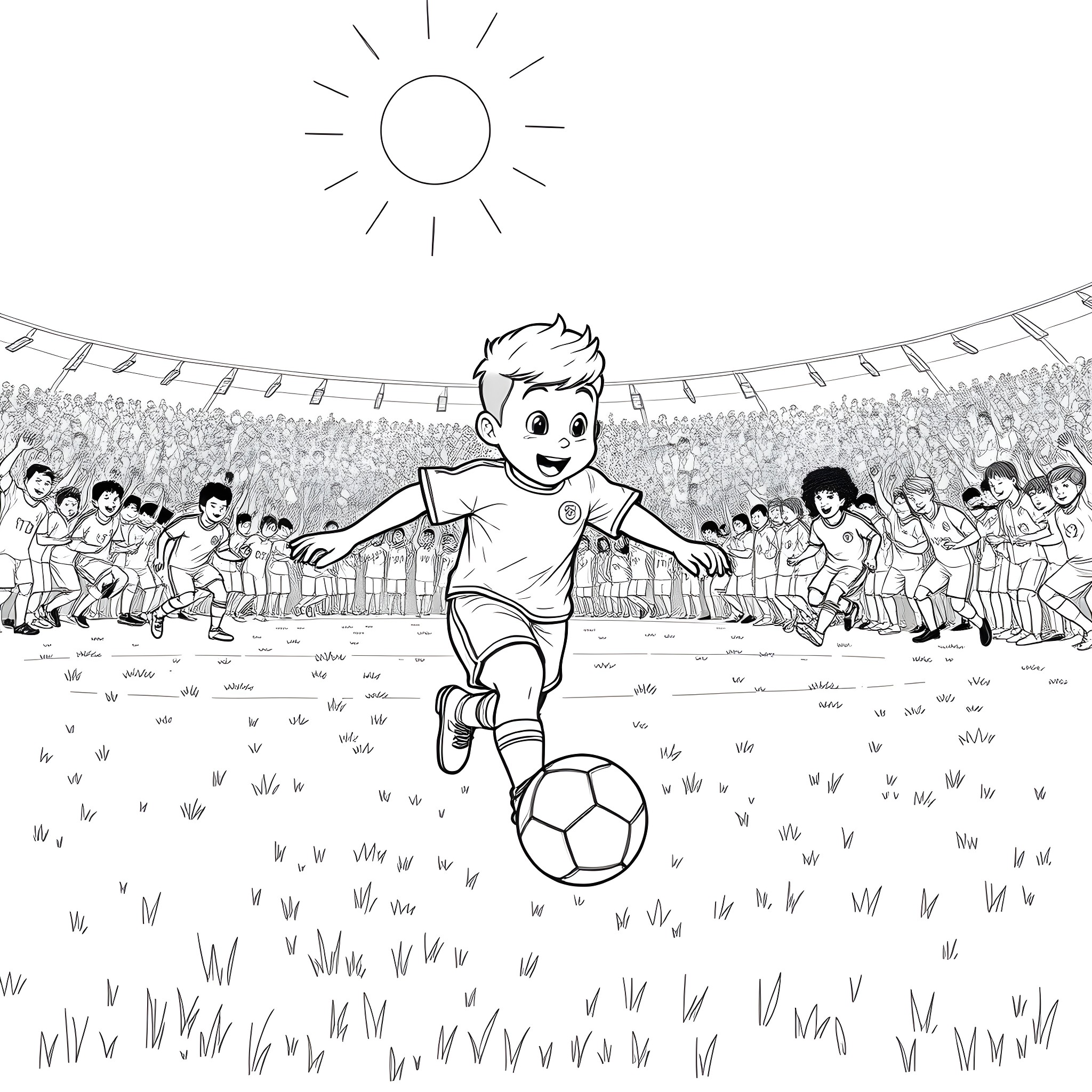 Banban's Joyful Soccer Adventure in the Stadium Coloring Page (free black-and-white line drawing printable PDF for all, from beginners to advanced learners, including children, teens, adults, and seniors)