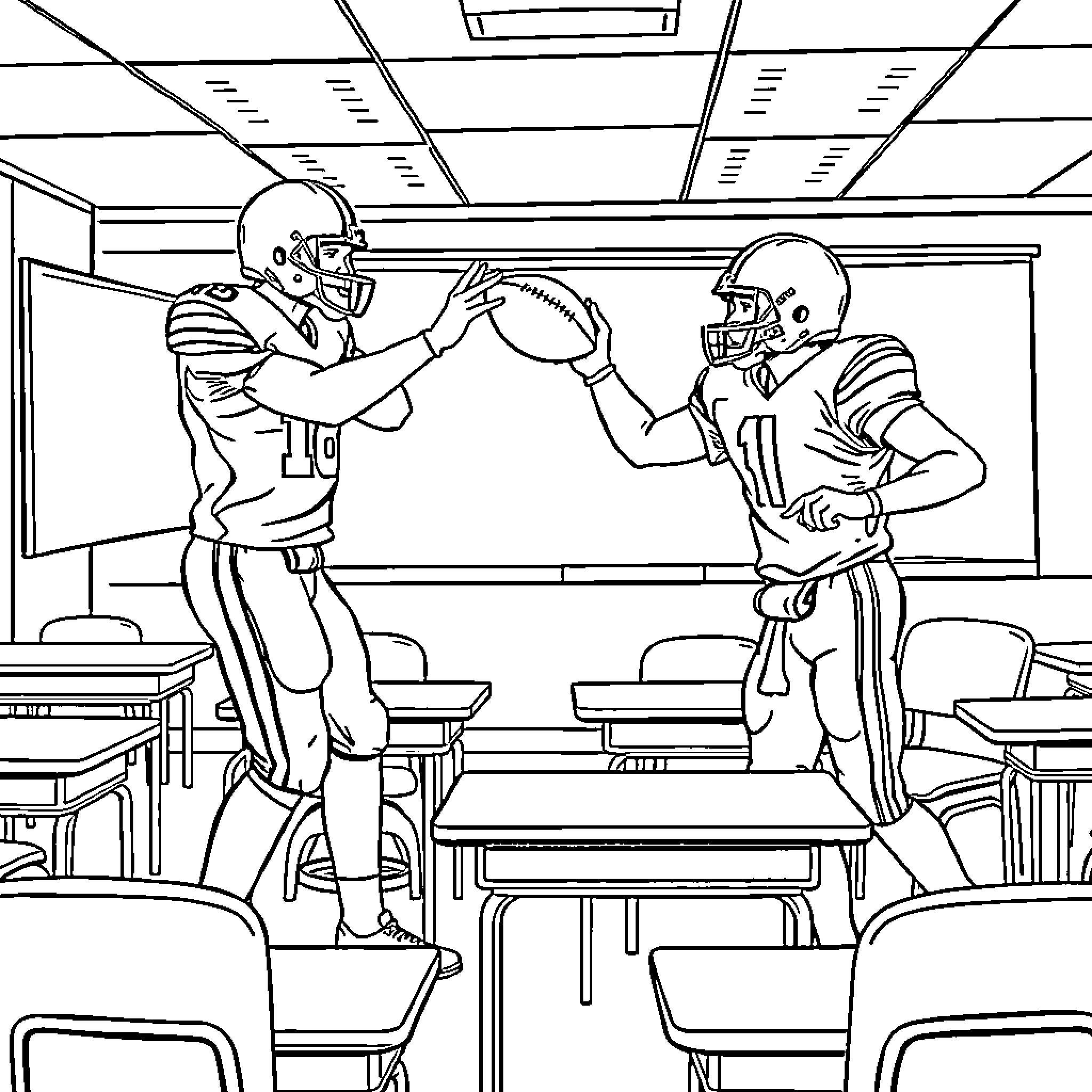 Football Players Shaking Hands in Classroom Coloring Page (free black-and-white line drawing printable PDF for all, from beginners to advanced learners, including children, teens, adults, and seniors)