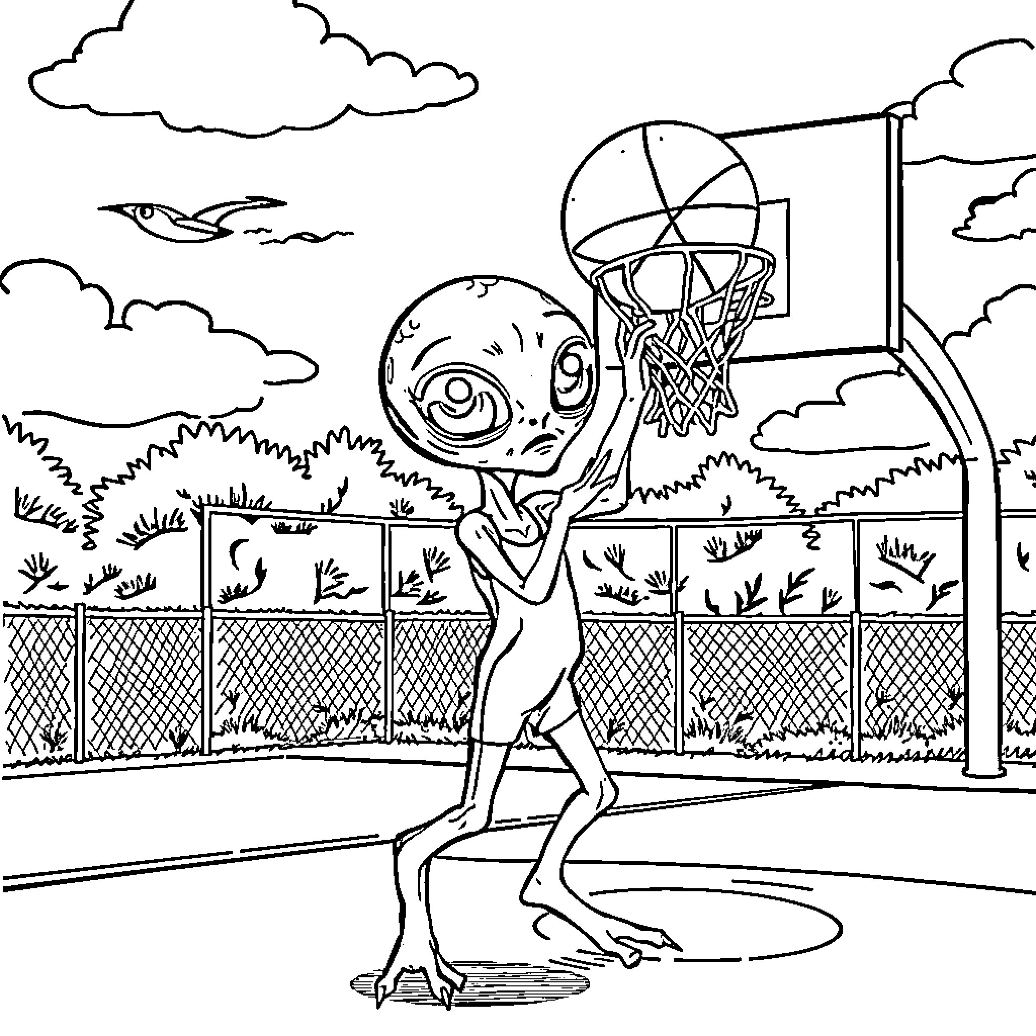 Alien playing basketball on court Coloring Page (free black-and-white line drawing printable PDF for all, from beginners to advanced learners, including children, teens, adults, and seniors)