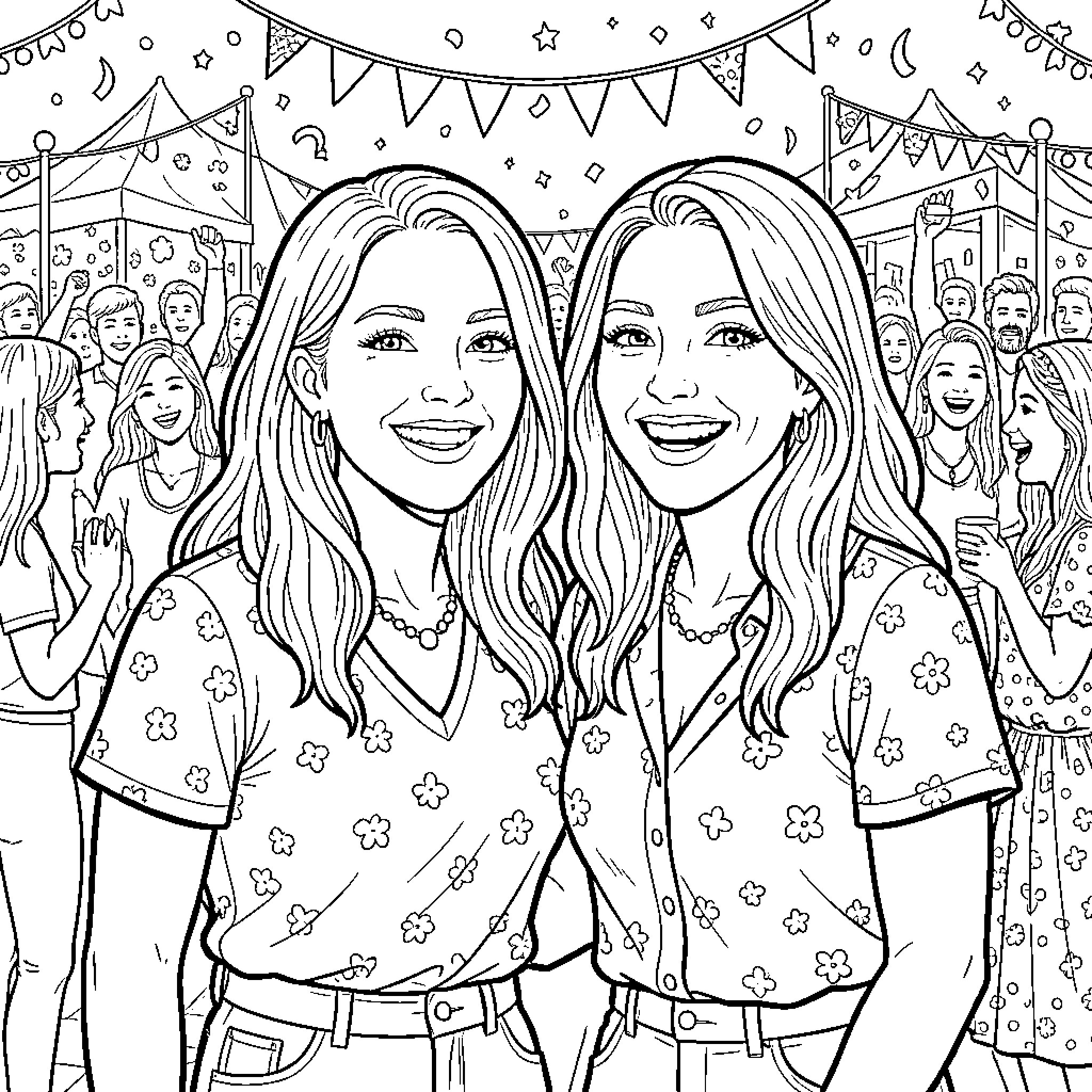 Malú and friends at a cheerful celebration Coloring Page (free black-and-white line drawing printable PDF for all, from beginners to advanced learners, including children, teens, adults, and seniors)