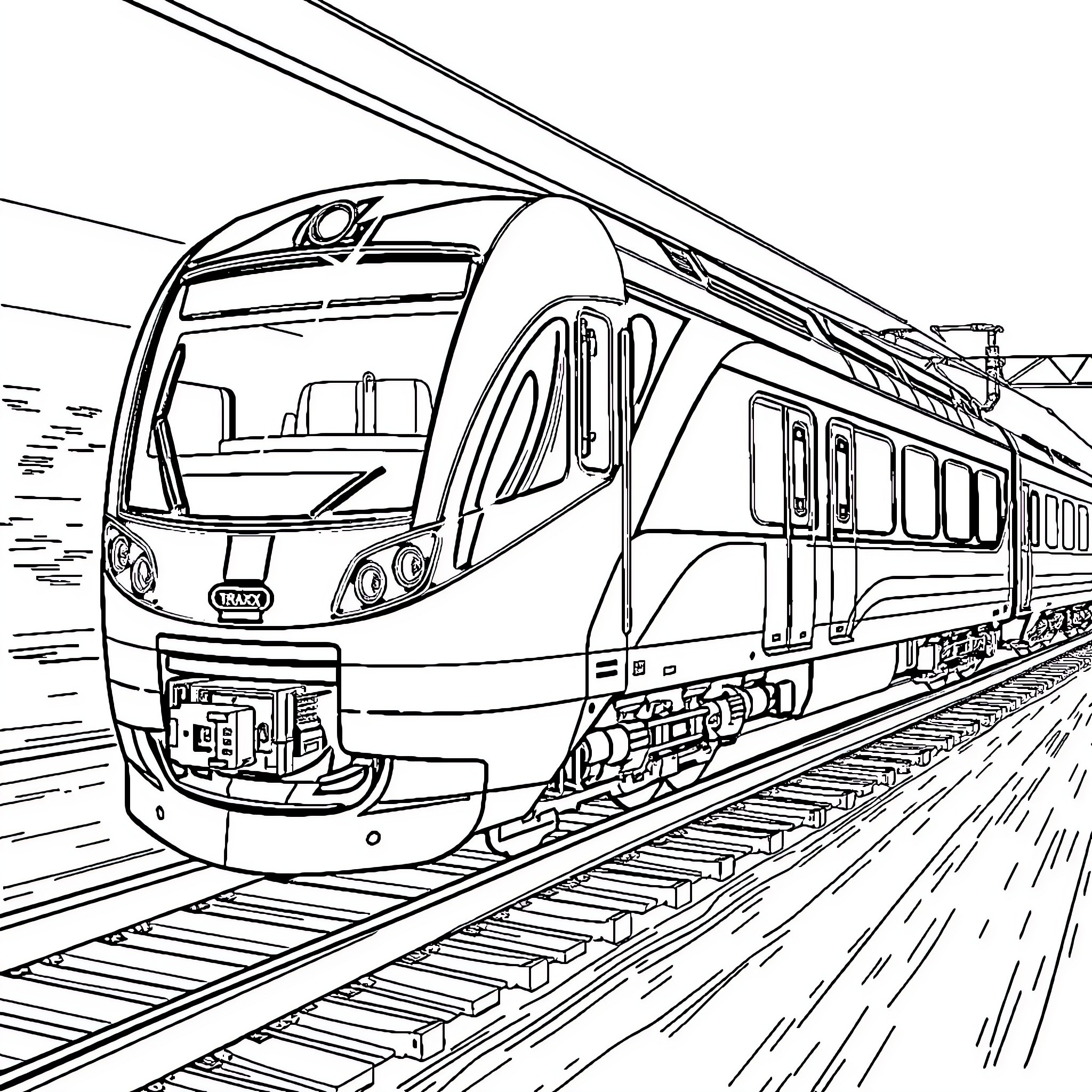 Train swiftly traversing the tracks Coloring Page (free black-and-white line drawing printable PDF for all, from beginners to advanced learners, including children, teens, adults, and seniors)