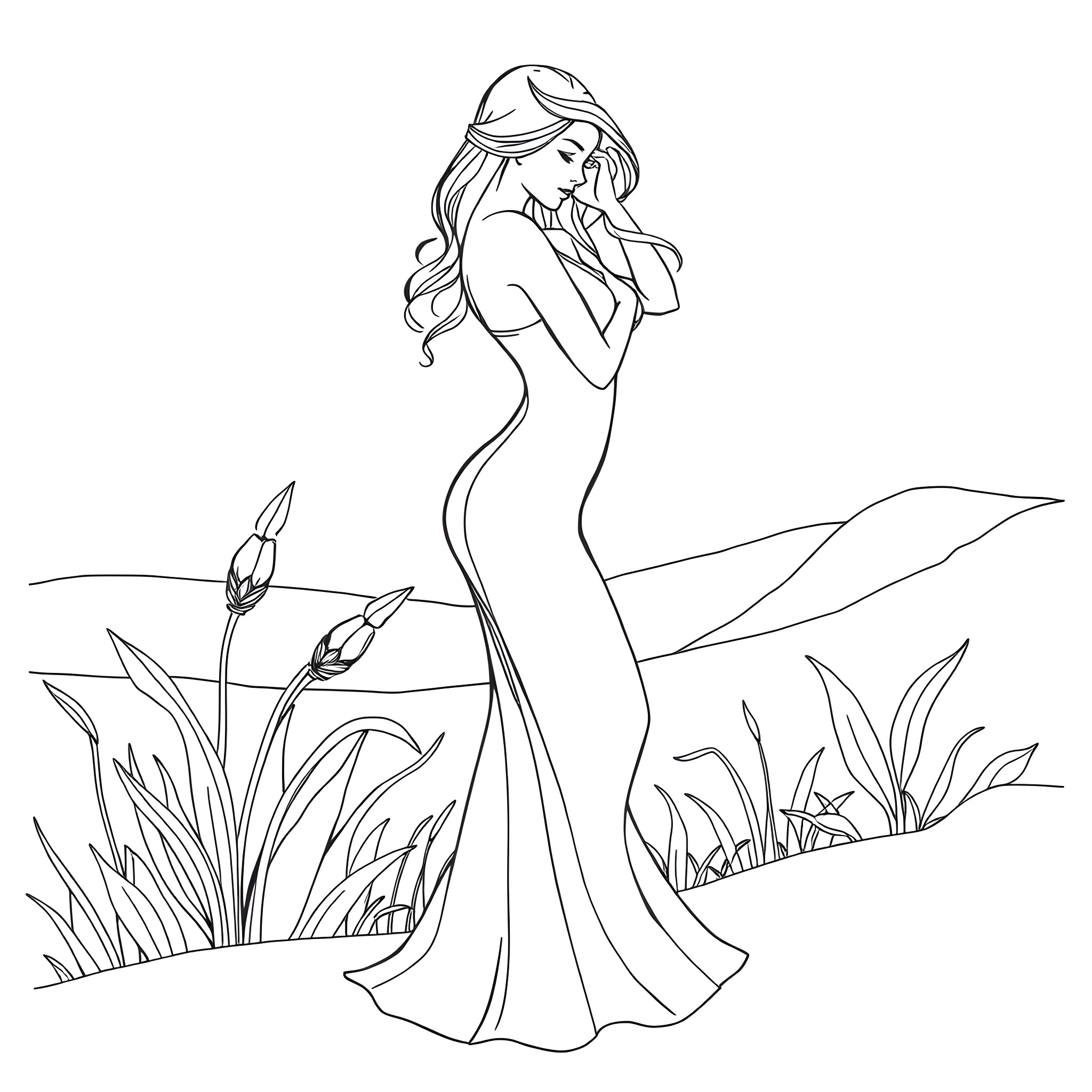 Woman standing gracefully in flowing dress Coloring Page (free black-and-white line drawing printable PDF for all, from beginners to advanced learners, including children, teens, adults, and seniors)