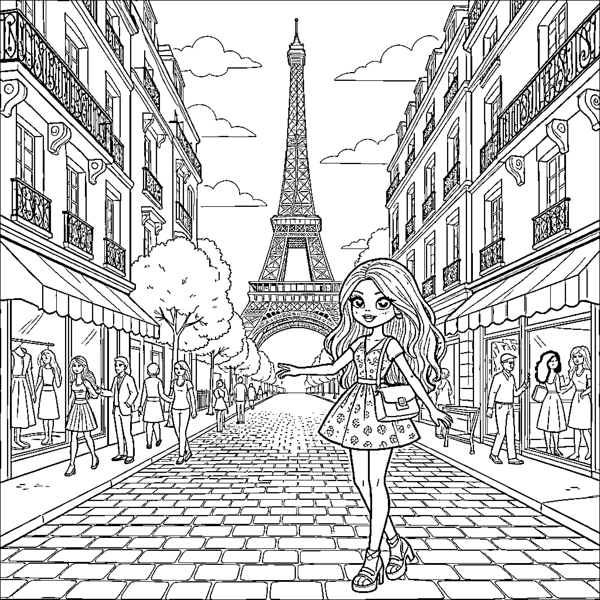 Bratz Girl walking down a Parisian street Coloring Page (free black-and-white line drawing printable PDF for all, from beginners to advanced learners, including children, teens, adults, and seniors)