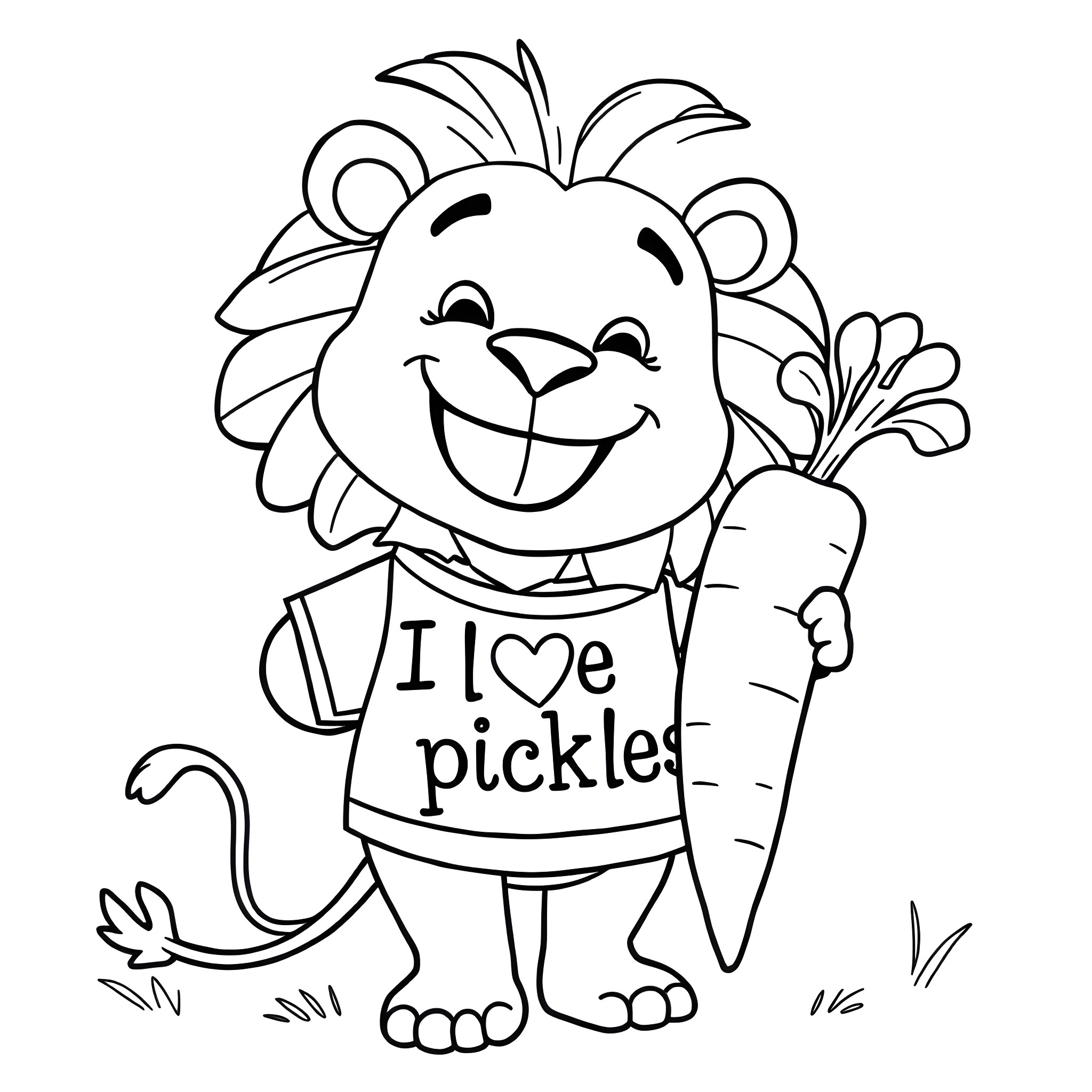 Lion happy with a pickle in the field Coloring Page (free black-and-white line drawing printable PDF for all, from beginners to advanced learners, including children, teens, adults, and seniors)