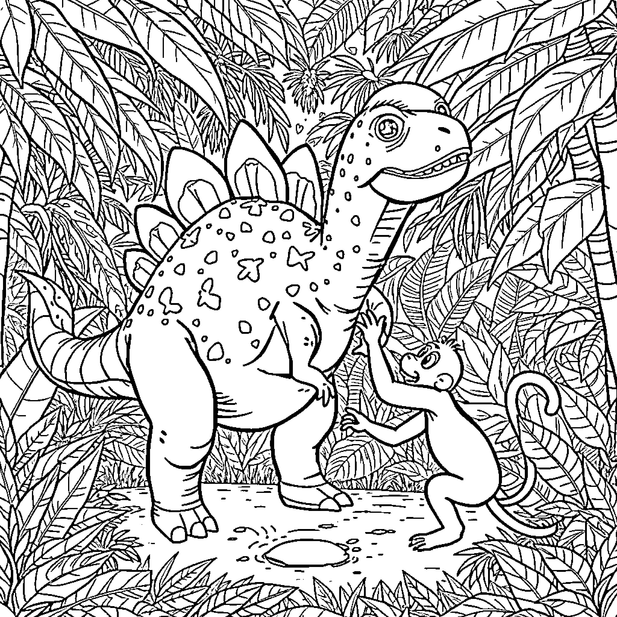 Stegosaurus enjoying the lush prehistoric jungle Coloring Page (free black-and-white line drawing printable PDF for all, from beginners to advanced learners, including children, teens, adults, and seniors)