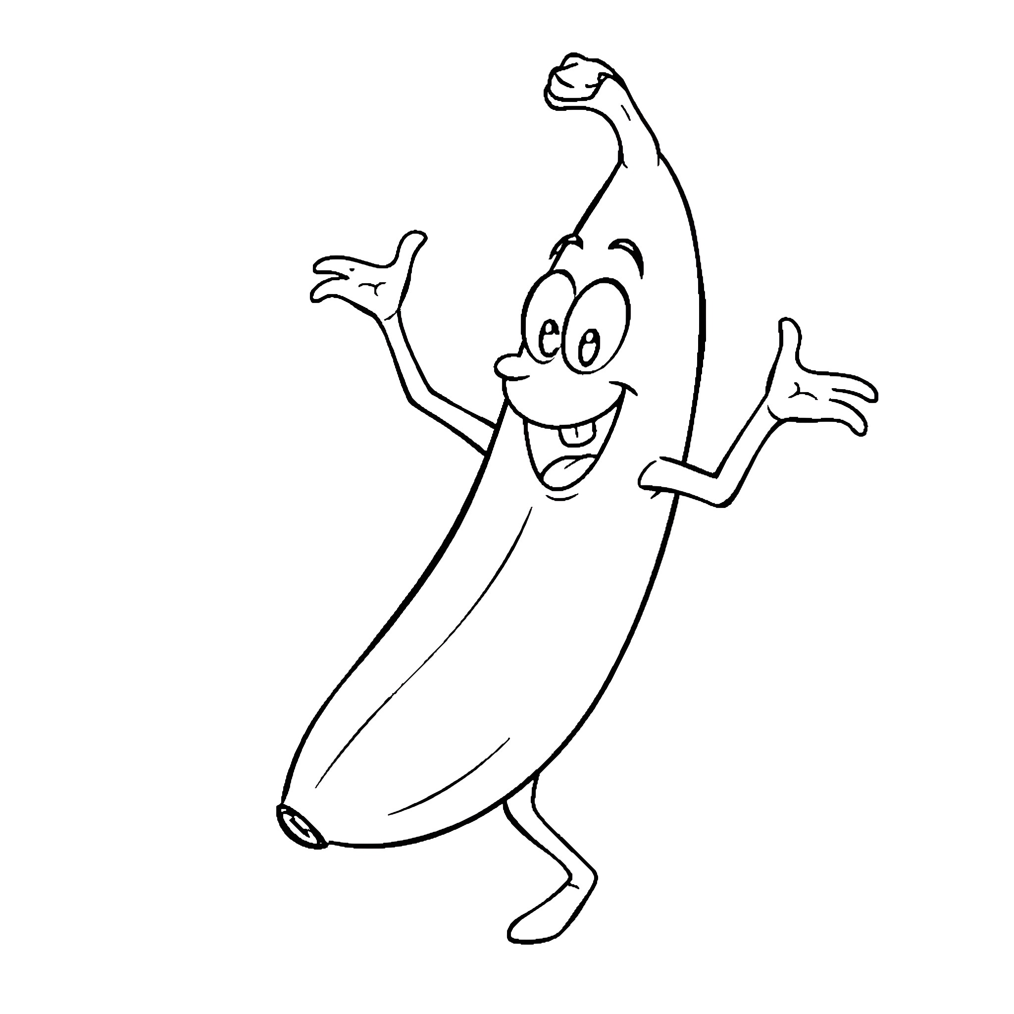 Peely the Energetic Banana Character Coloring Page (free black-and-white line drawing printable PDF for all, from beginners to advanced learners, including children, teens, adults, and seniors)
