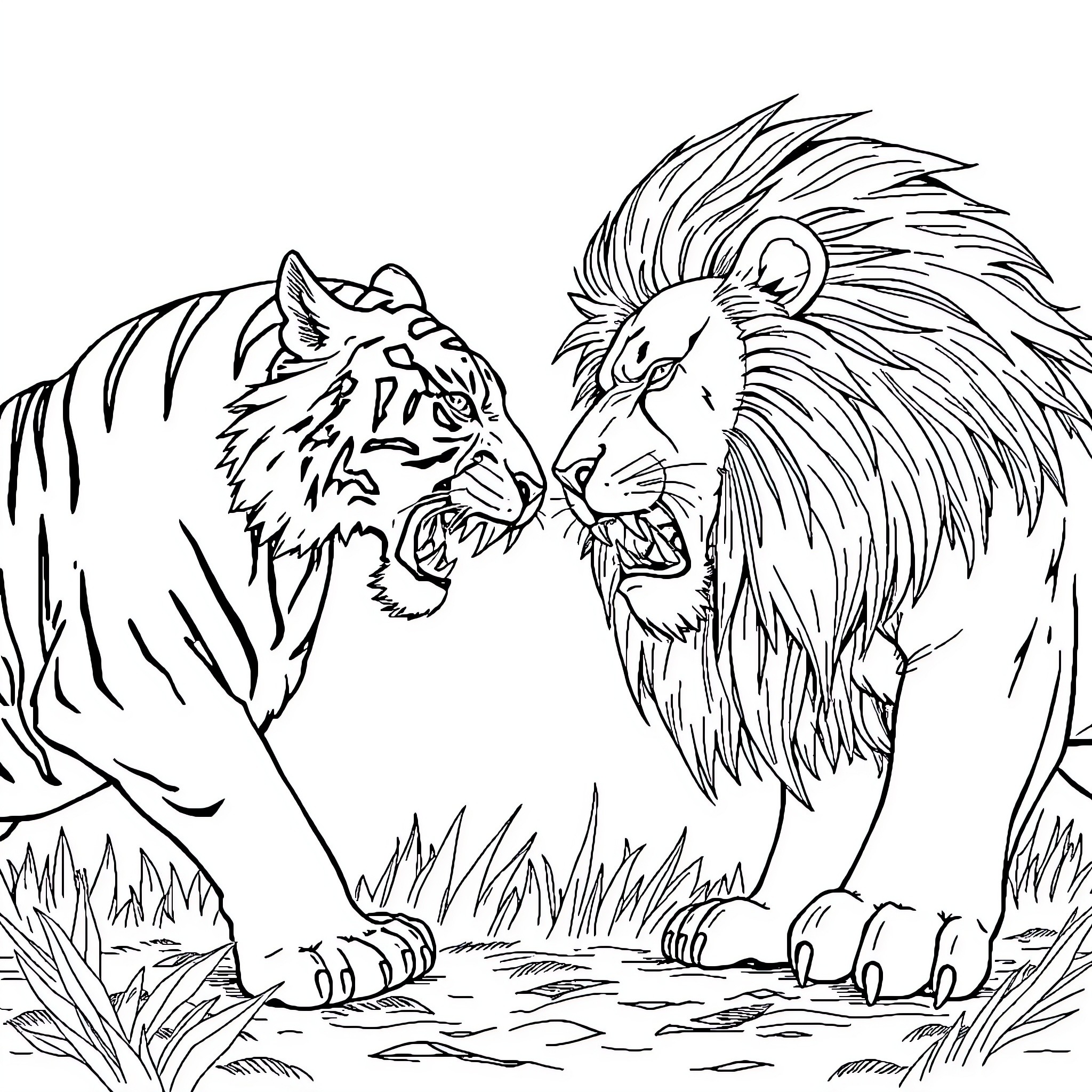 Tiger and Lion Facing Off in the Wild Coloring Page (free black-and-white line drawing printable PDF for all, from beginners to advanced learners, including children, teens, adults, and seniors)