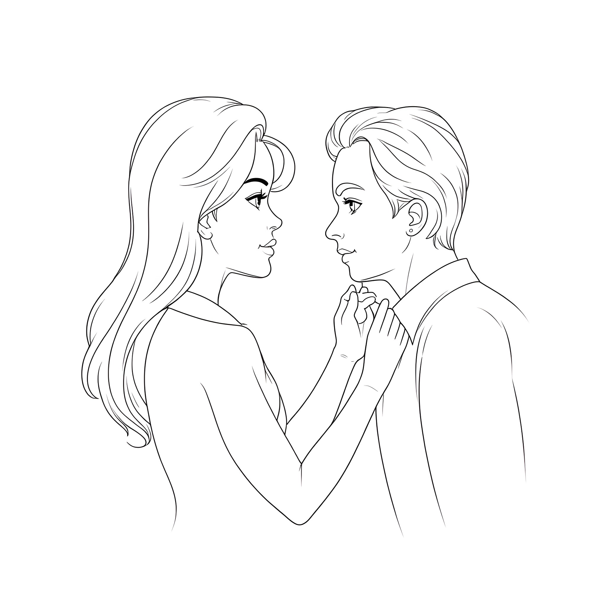 Carmen Sandiego's romantic encounter with a dashing stranger Coloring Page (free black-and-white line drawing printable PDF for all, from beginners to advanced learners, including children, teens, adults, and seniors)