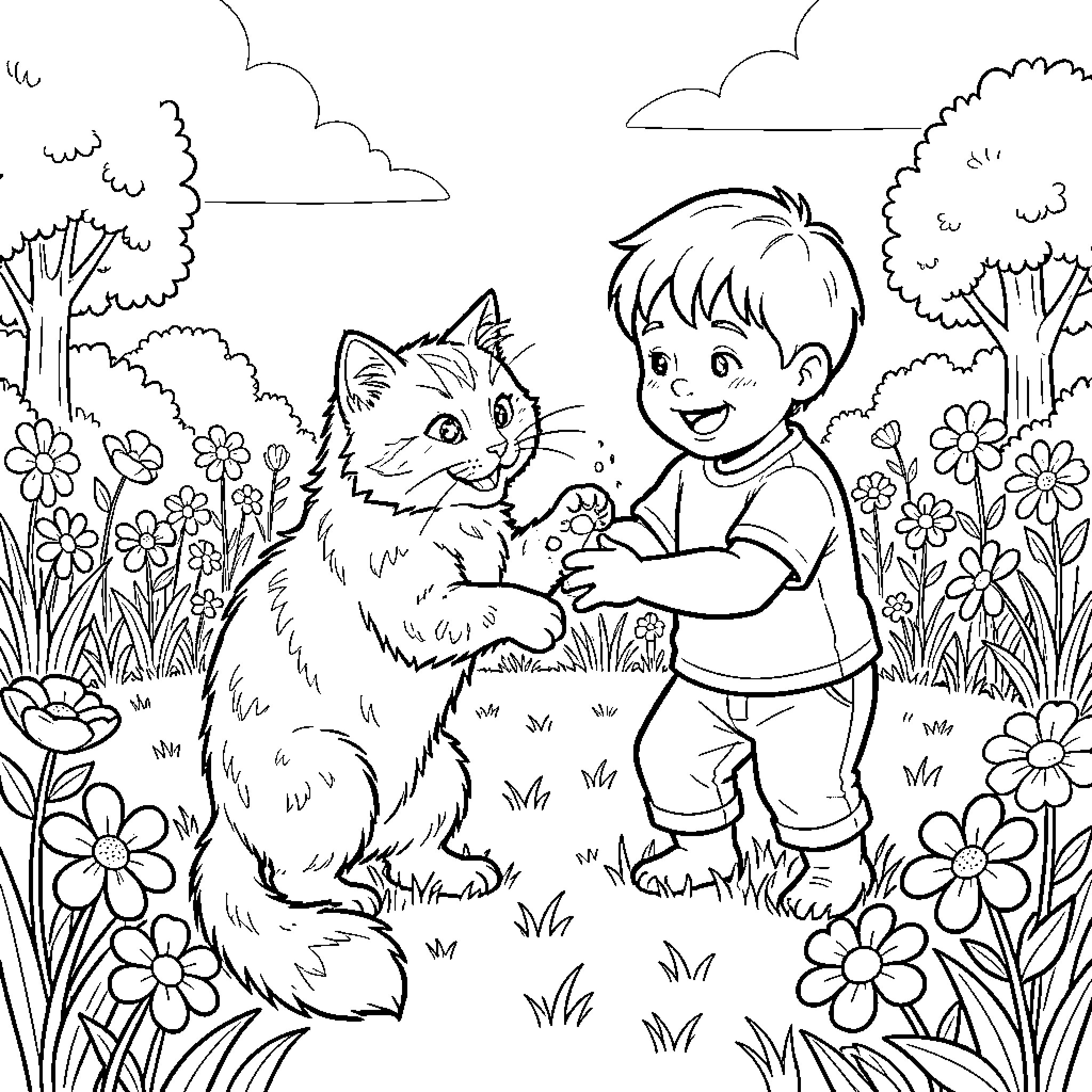 Cat and Boy Enjoying the Outdoors Coloring Page (free black-and-white line drawing printable PDF for all, from beginners to advanced learners, including children, teens, adults, and seniors)