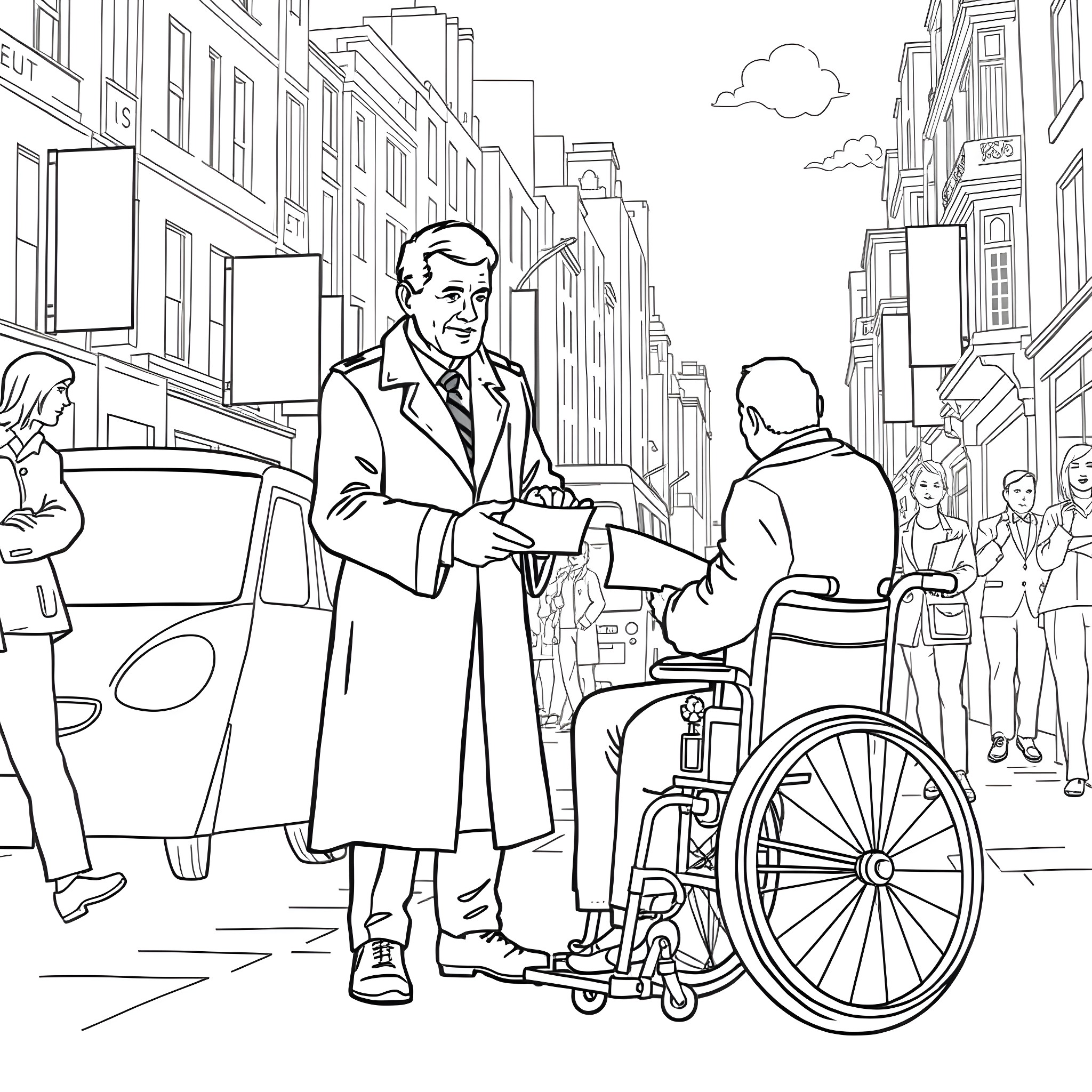 Kier Starmer interacting with a person in a wheelchair on a city street Coloring Page (free black-and-white line drawing printable PDF for all, from beginners to advanced learners, including children, teens, adults, and seniors)