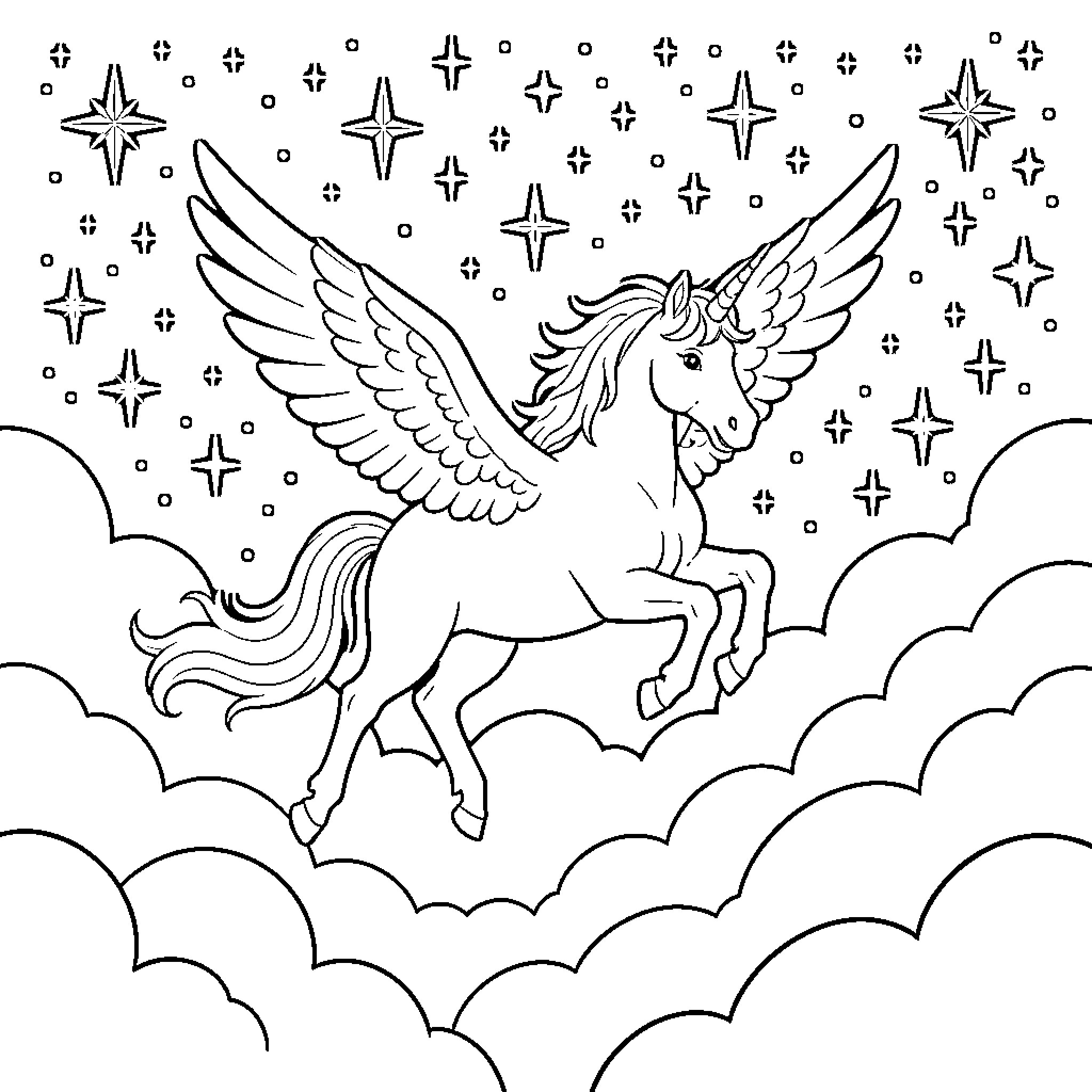 Unicorn soaring through the starry night sky Coloring Page (free black-and-white line drawing printable PDF for all, from beginners to advanced learners, including children, teens, adults, and seniors)