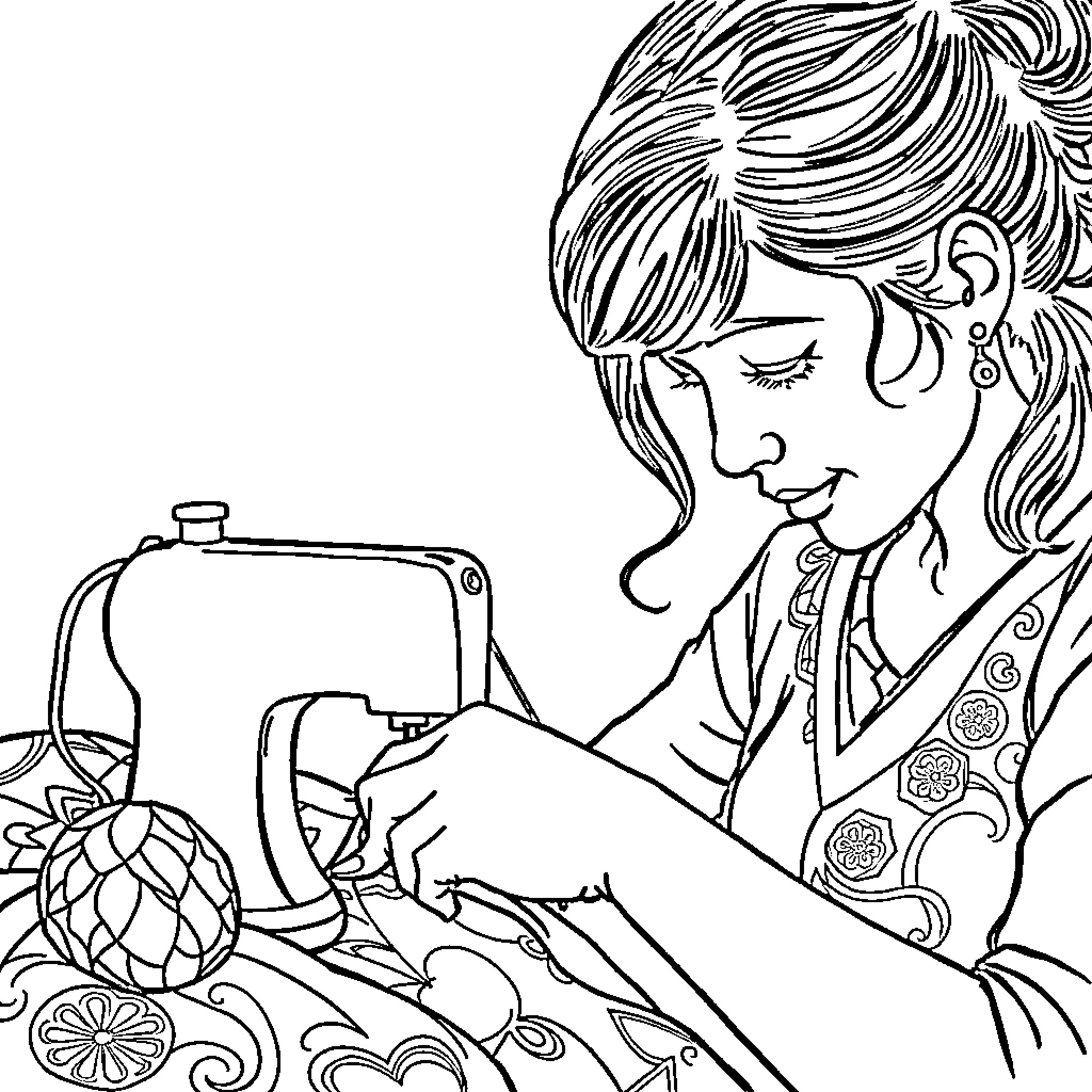 Lady Sewing Colorful Tapestry with Sewing Machine Coloring Page (free black-and-white line drawing printable PDF for all, from beginners to advanced learners, including children, teens, adults, and seniors)