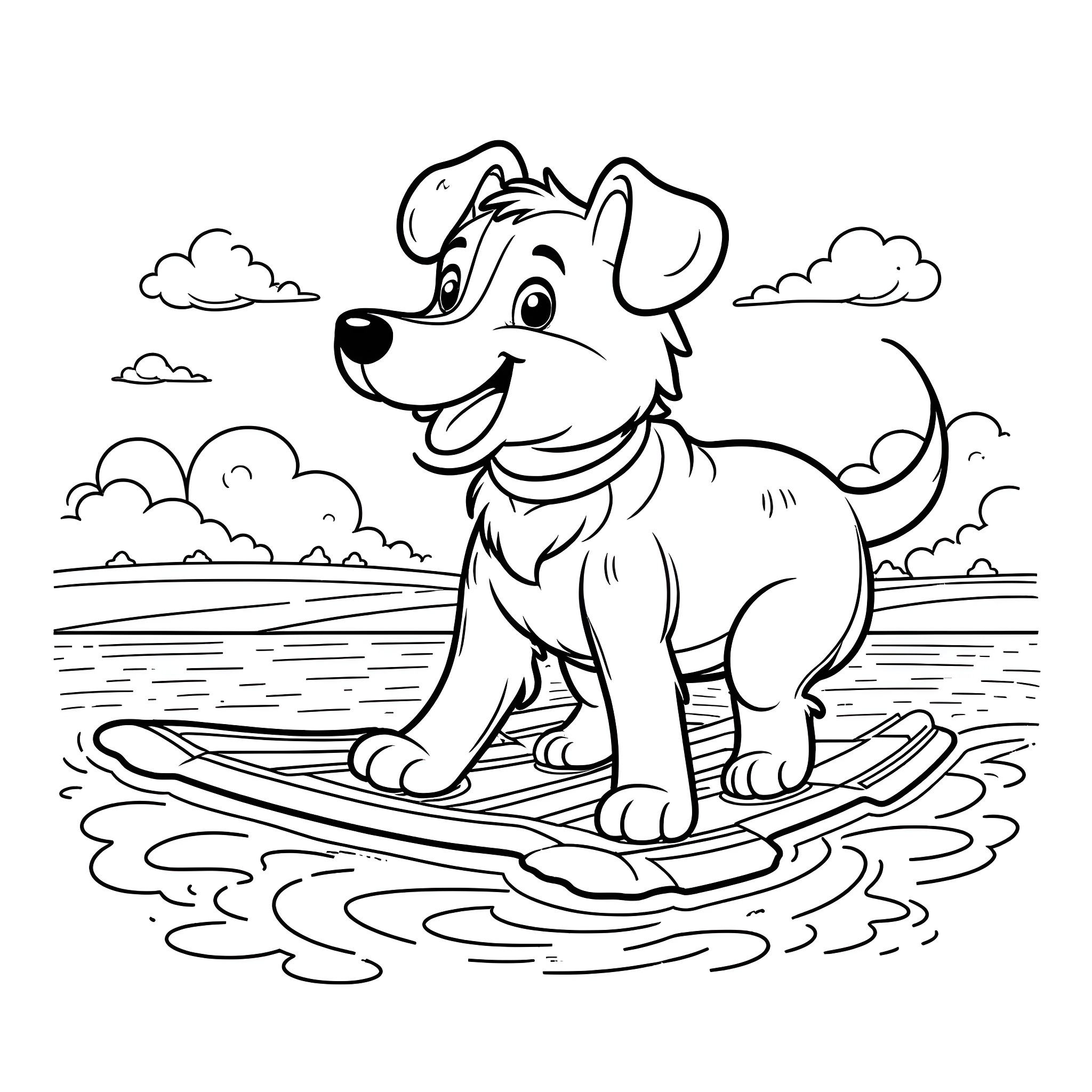 Dog surfing on waves in the ocean Coloring Page (free black-and-white line drawing printable PDF for all, from beginners to advanced learners, including children, teens, adults, and seniors)