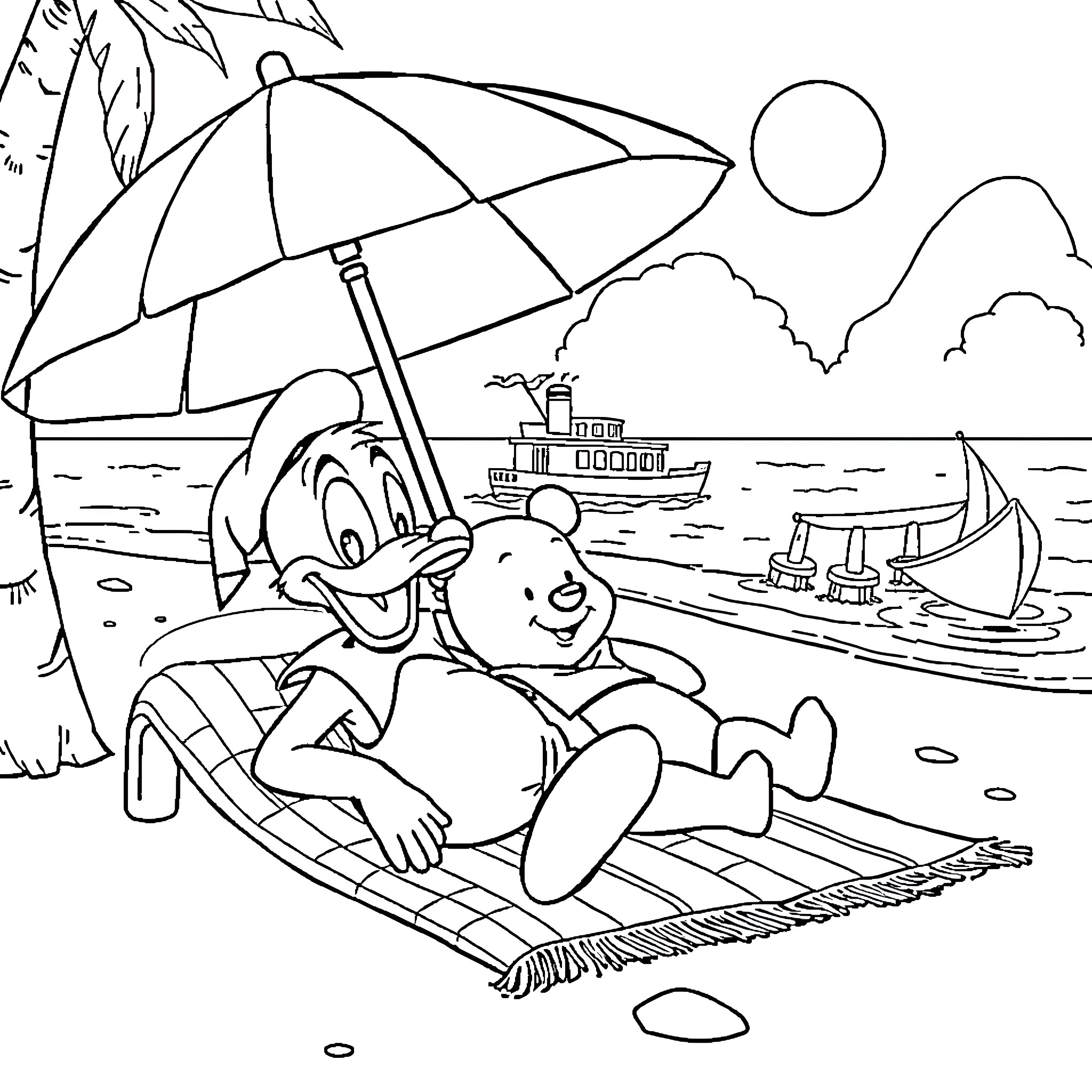 Donald Duck relaxing on the beach with an umbrella Coloring Page (free black-and-white line drawing printable PDF for all, from beginners to advanced learners, including children, teens, adults, and seniors)