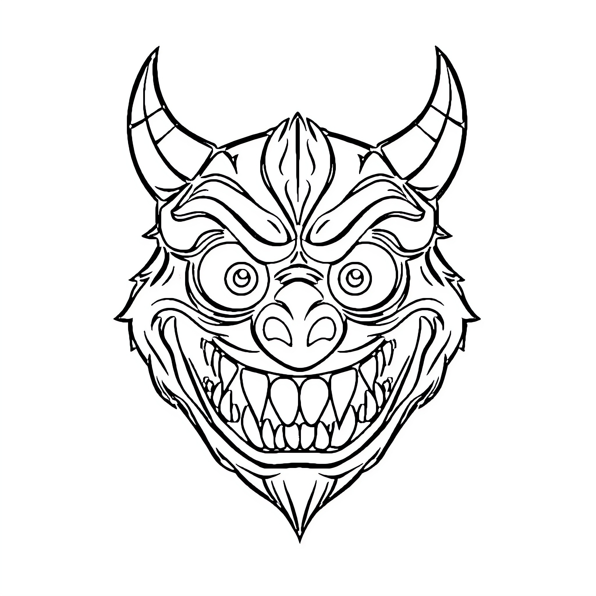 Monster with Horns and Menacing Expression Coloring Page (free black-and-white line drawing printable PDF for all, from beginners to advanced learners, including children, teens, adults, and seniors)