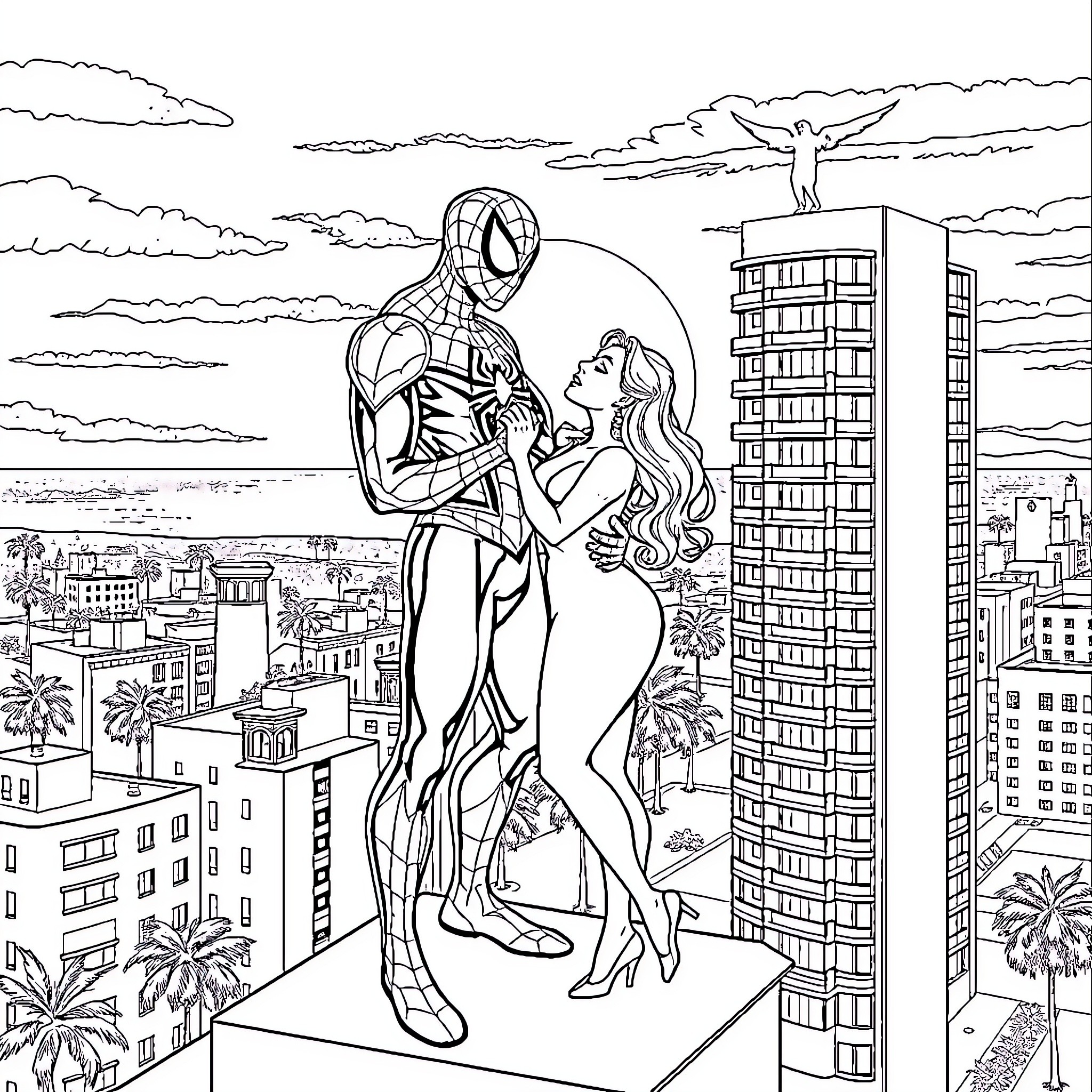 Spider-Man rescuing a civilian from a high-rise building Coloring Page (free black-and-white line drawing printable PDF for all, from beginners to advanced learners, including children, teens, adults, and seniors)