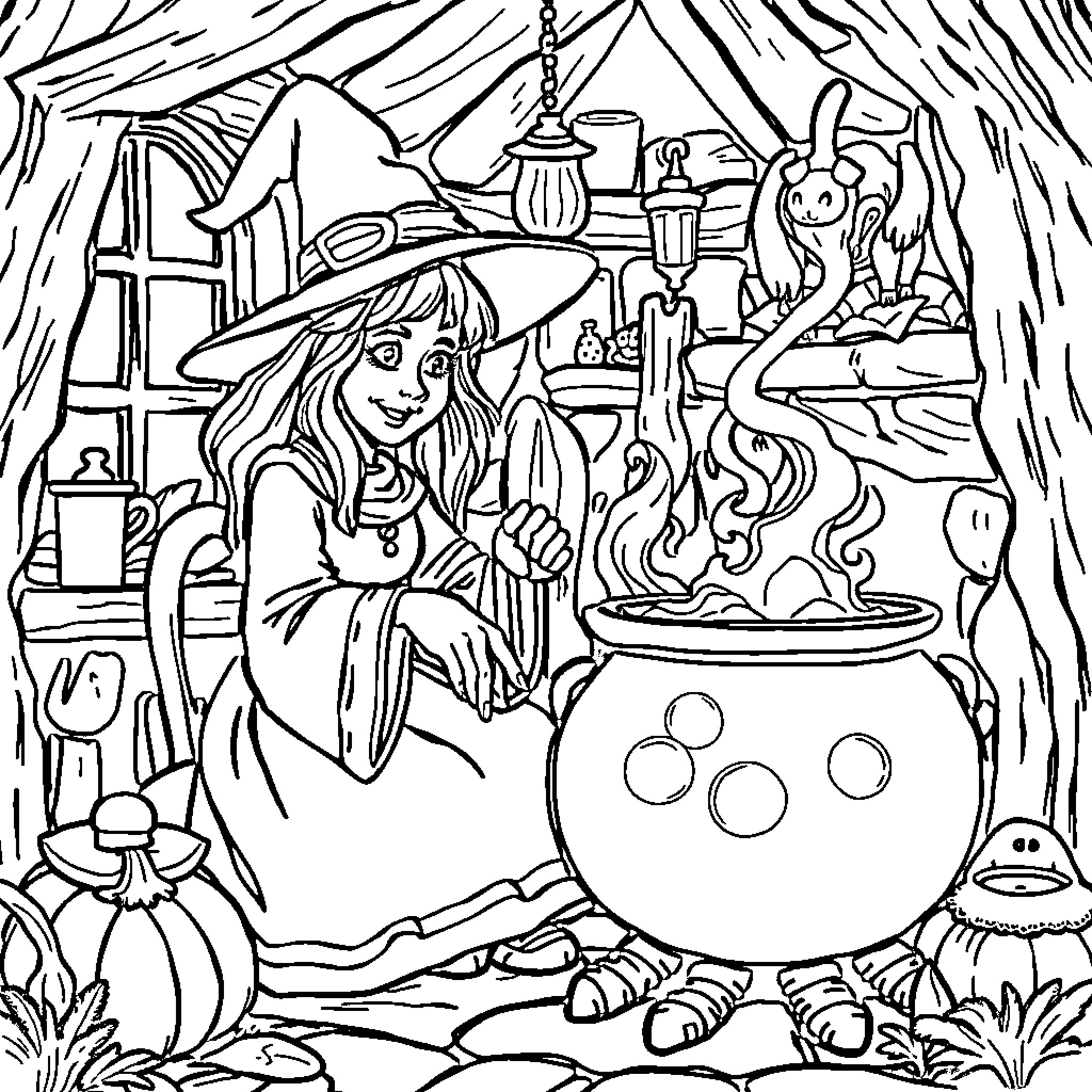 Witch Brewing Magical Potion in Enchanted Cottage Coloring Page (free black-and-white line drawing printable PDF for all, from beginners to advanced learners, including children, teens, adults, and seniors)