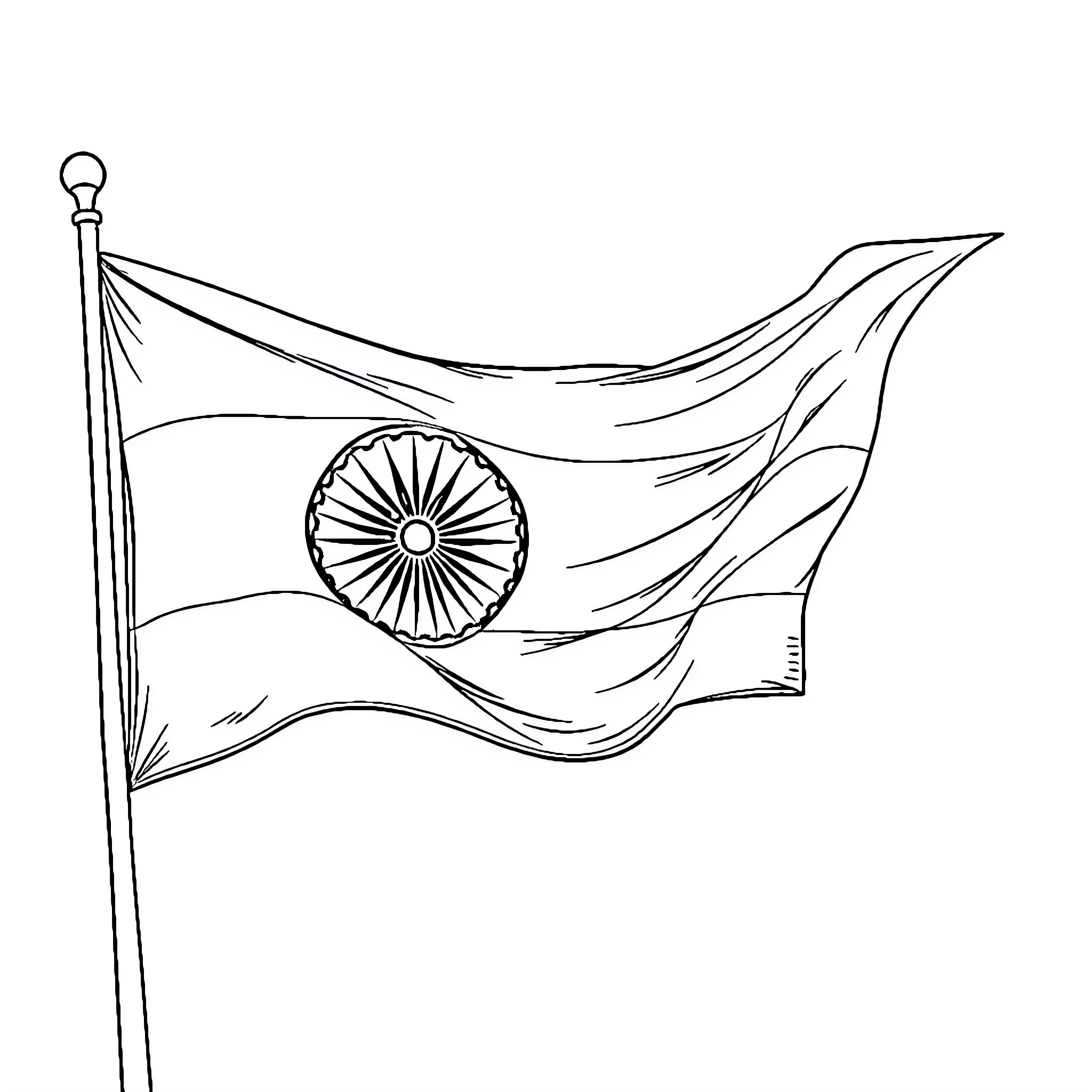 Indian Flag waving proudly in the wind Coloring Page (free black-and-white line drawing printable PDF for all, from beginners to advanced learners, including children, teens, adults, and seniors)