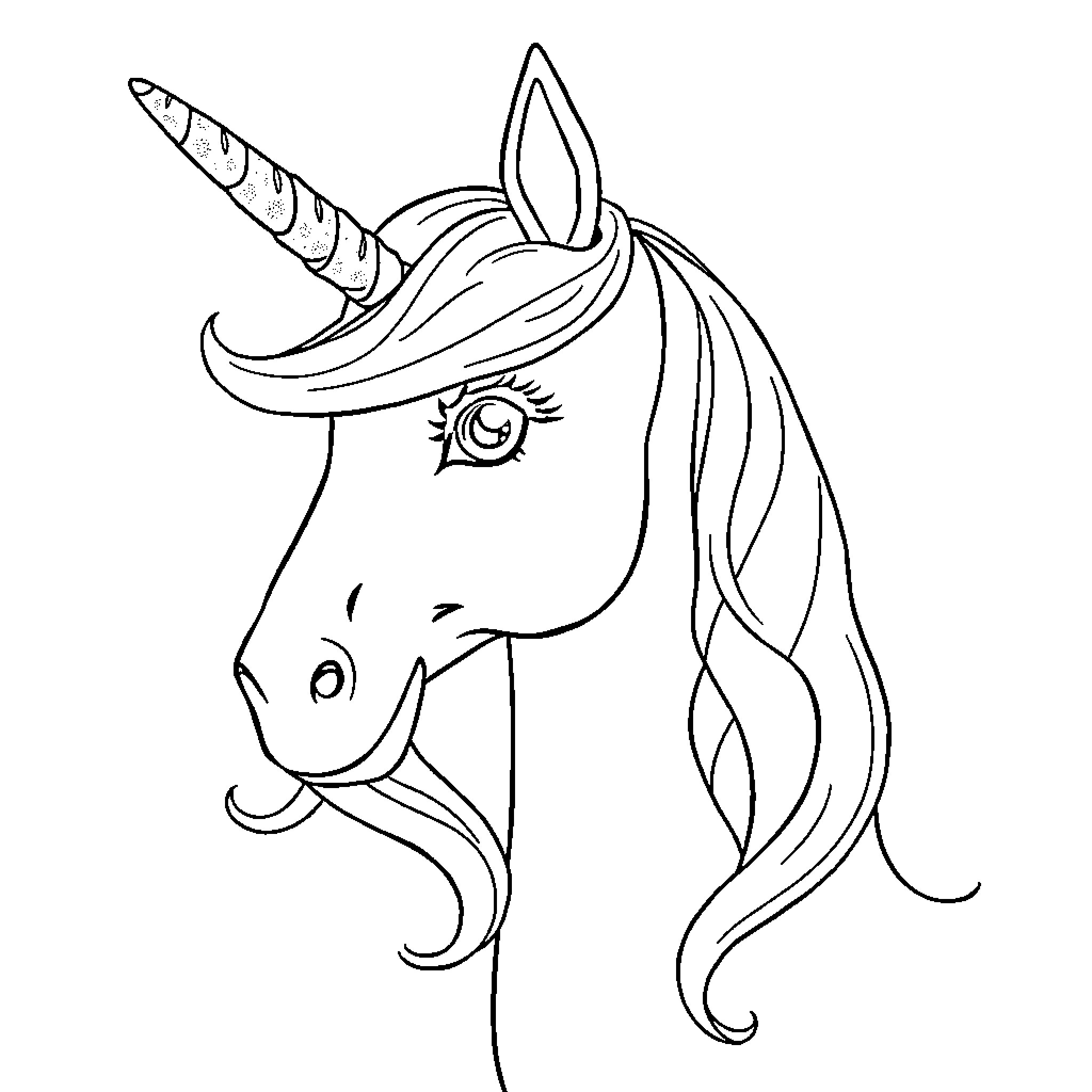 Unicorn with expressive face and elegant mane Coloring Page (free black-and-white line drawing printable PDF for all, from beginners to advanced learners, including children, teens, adults, and seniors)