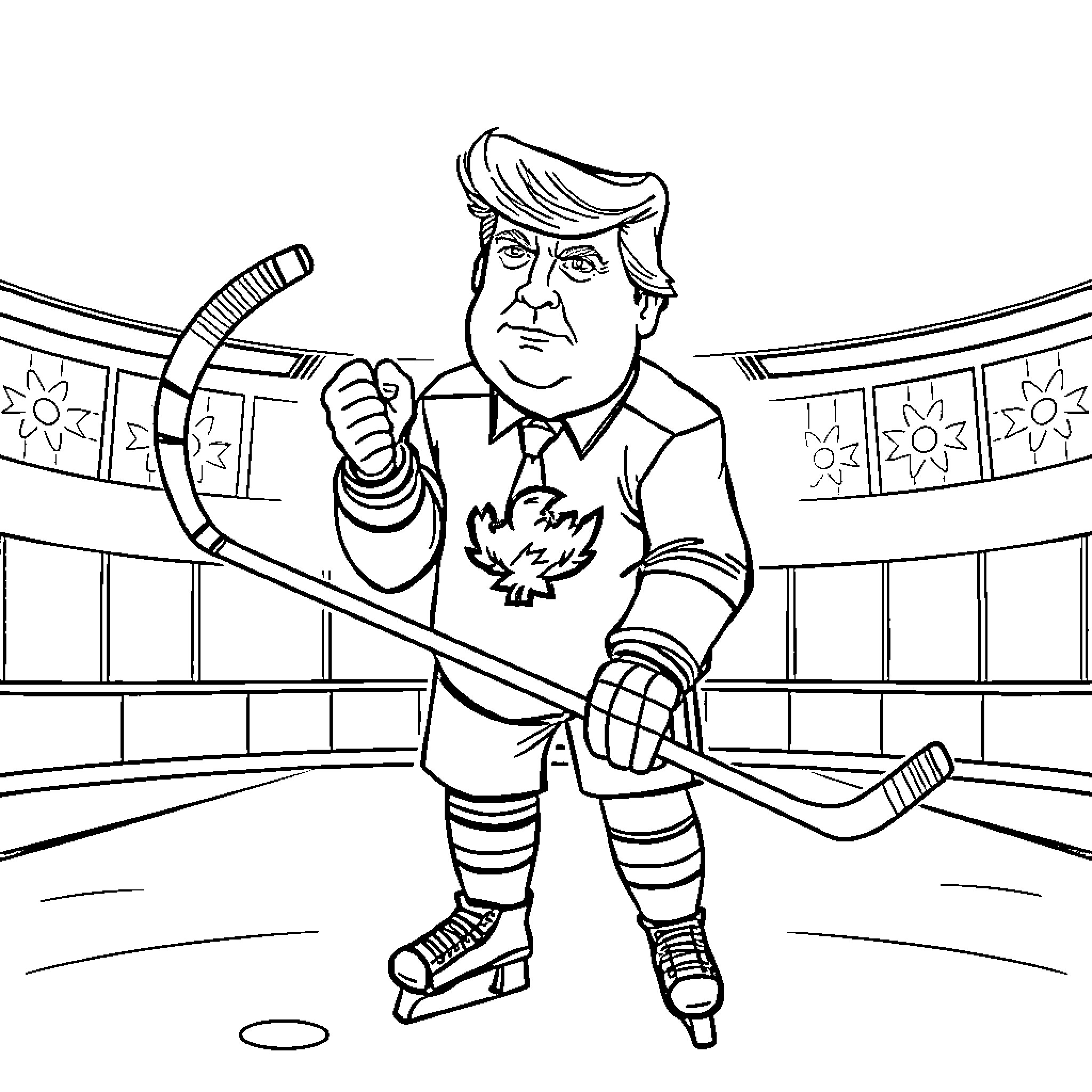 Donald Trump playing hockey in the arena Coloring Page (free black-and-white line drawing printable PDF for all, from beginners to advanced learners, including children, teens, adults, and seniors)