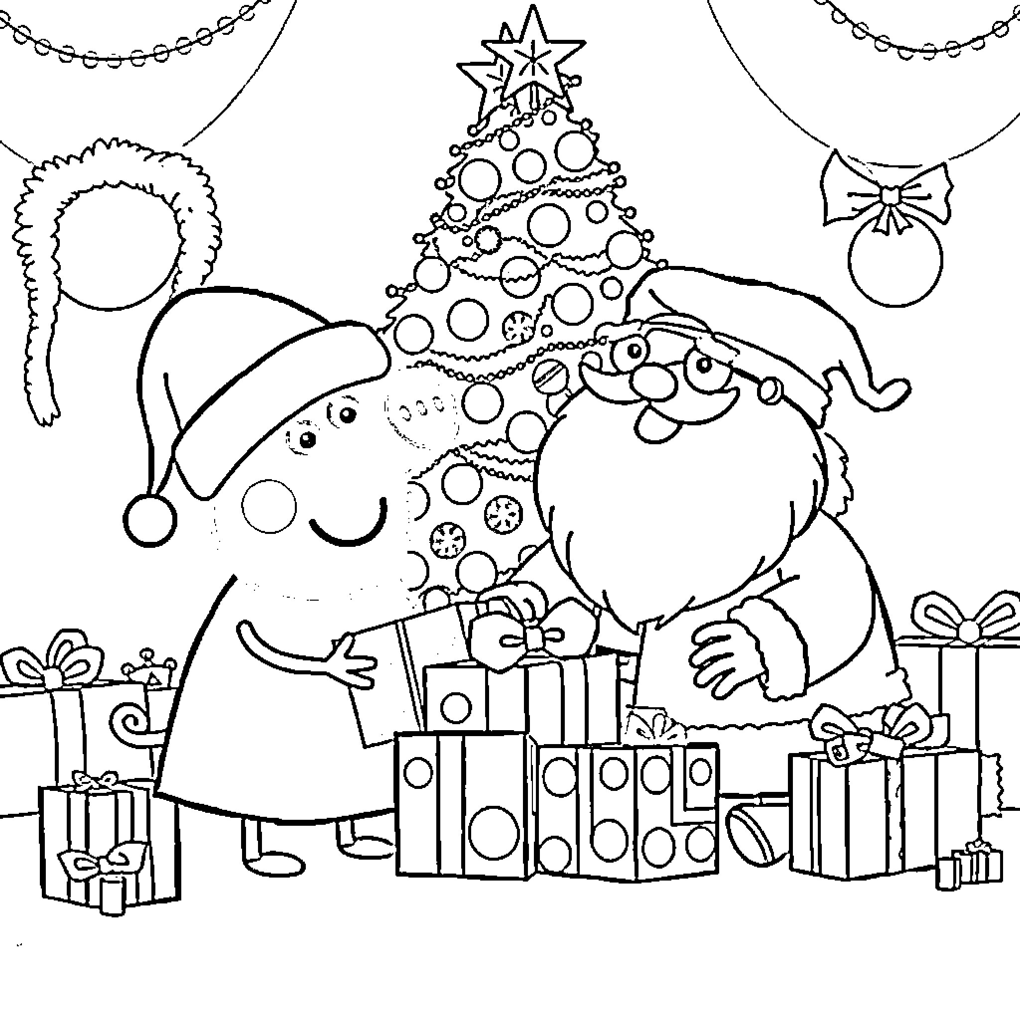 Peppa Pig and friends celebrating Christmas Coloring Page (free black-and-white line drawing printable PDF for all, from beginners to advanced learners, including children, teens, adults, and seniors)