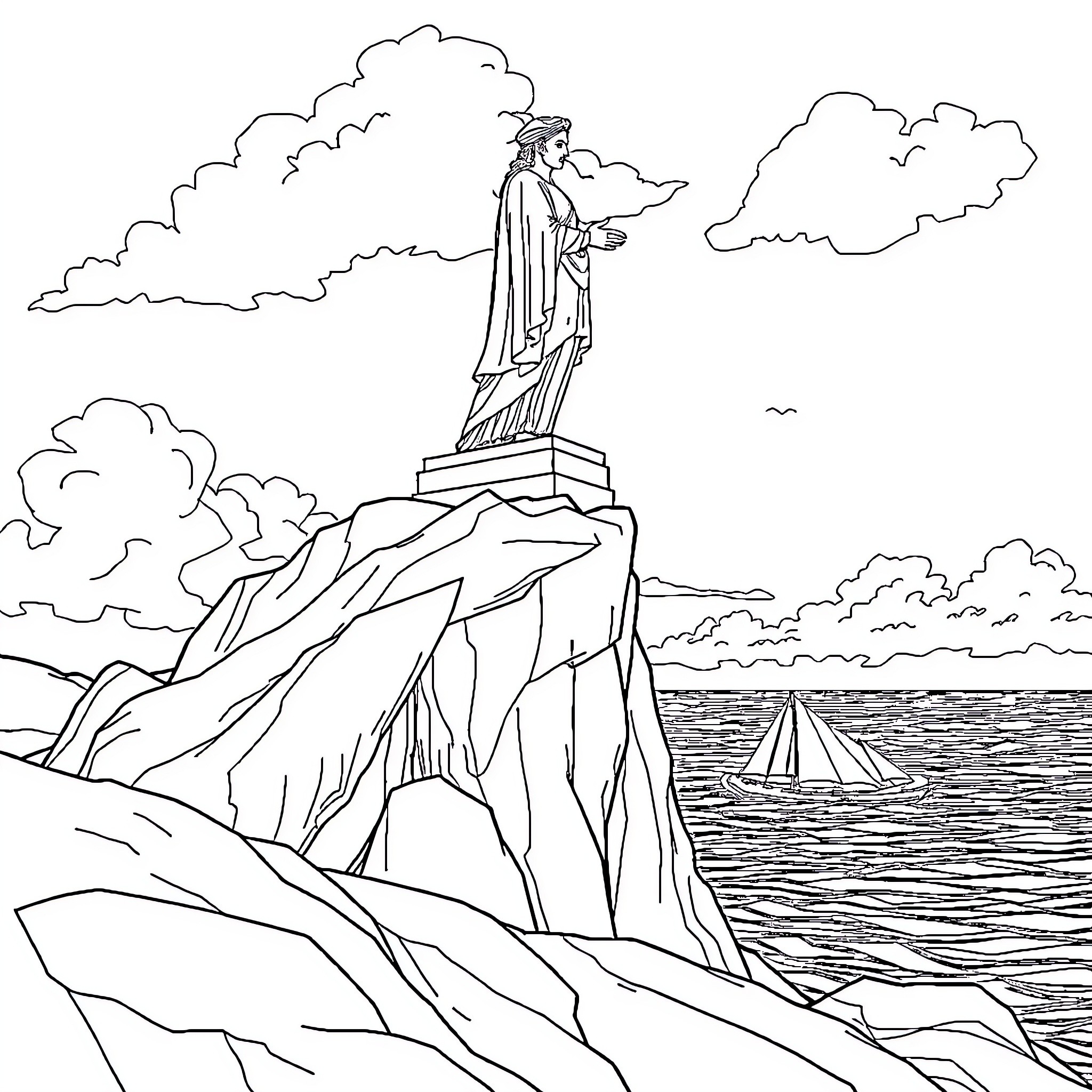 Cliffs overlooking serene coastal scenery Coloring Page (free black-and-white line drawing printable PDF for all, from beginners to advanced learners, including children, teens, adults, and seniors)