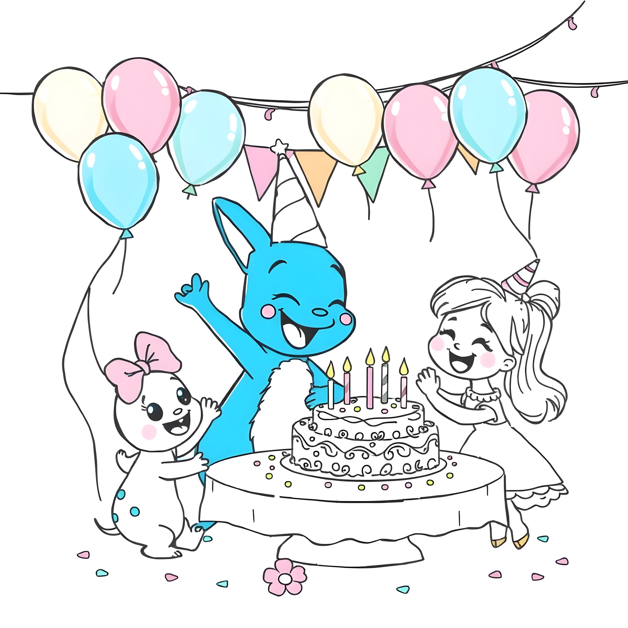 Bluey's Festive Birthday Celebration Coloring Page (free black-and-white line drawing printable PDF for all, from beginners to advanced learners, including children, teens, adults, and seniors)