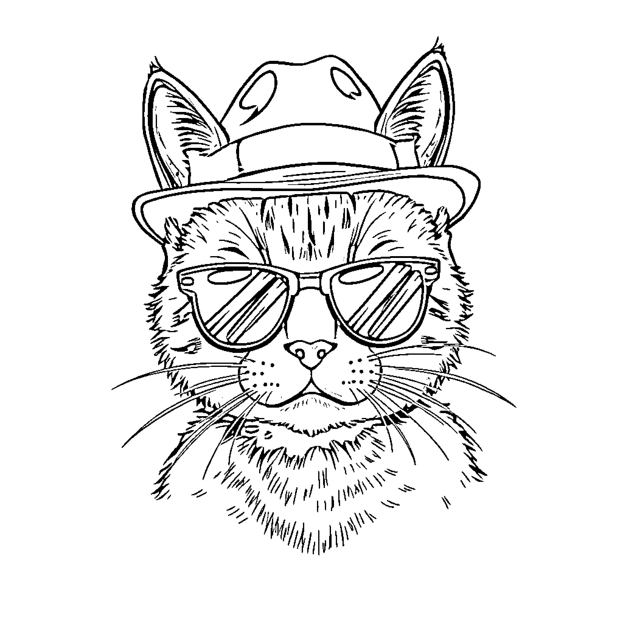 Gangster Cat with Sunglasses and Hat Coloring Page (free black-and-white line drawing printable PDF for all, from beginners to advanced learners, including children, teens, adults, and seniors)