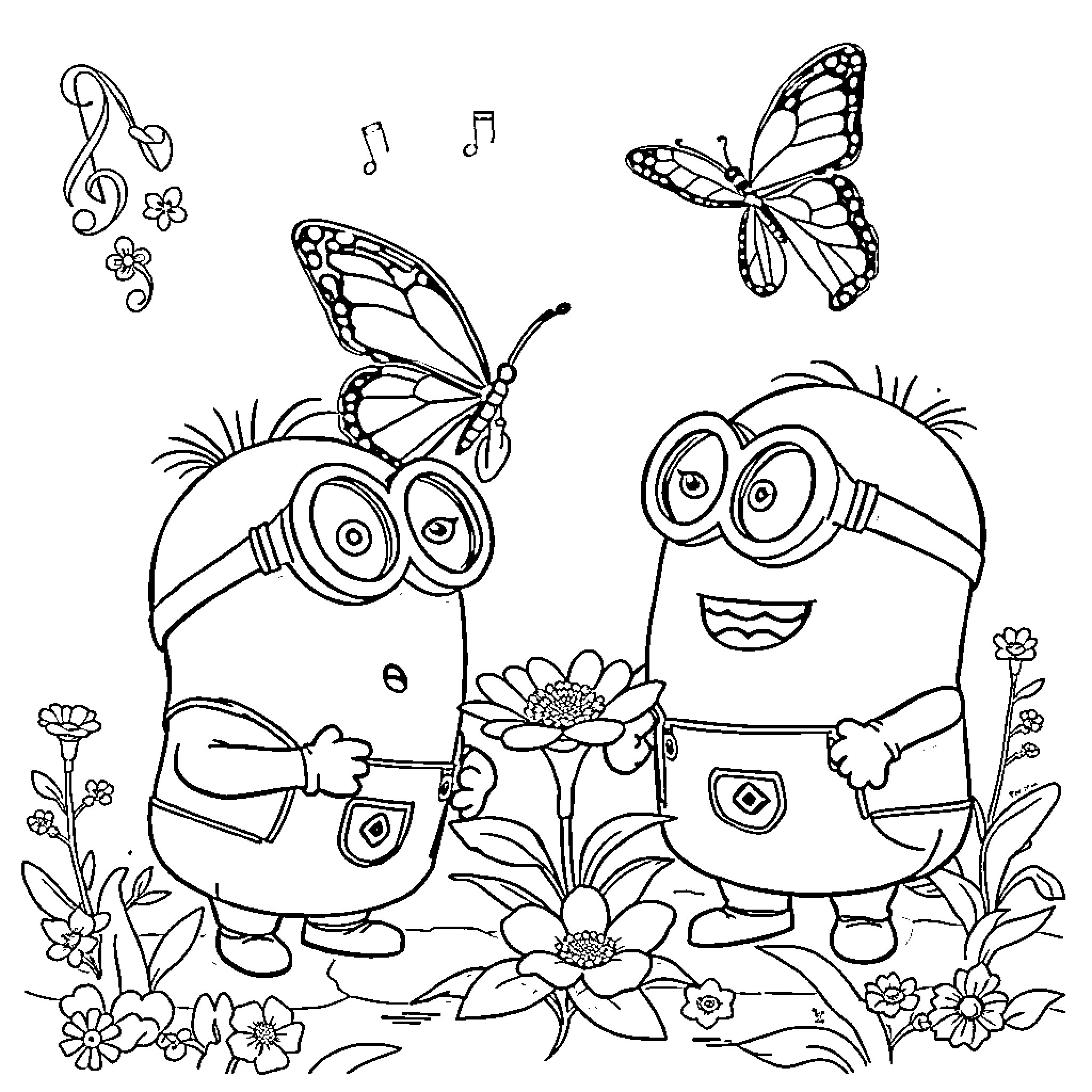 Minions enjoying nature with butterflies and flowers Coloring Page (free black-and-white line drawing printable PDF for all, from beginners to advanced learners, including children, teens, adults, and seniors)