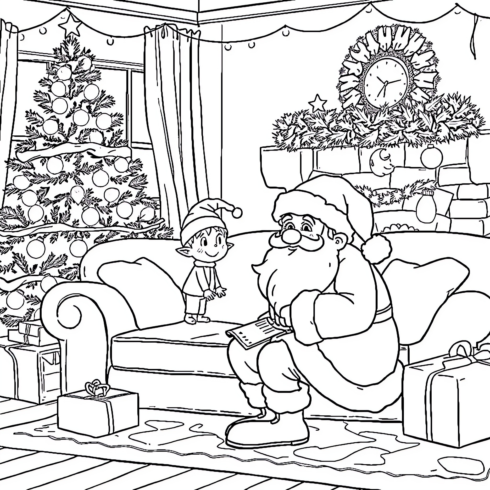 Santa resting with elf helper in cozy living room Coloring Page (free black-and-white line drawing printable PDF for all, from beginners to advanced learners, including children, teens, adults, and seniors)