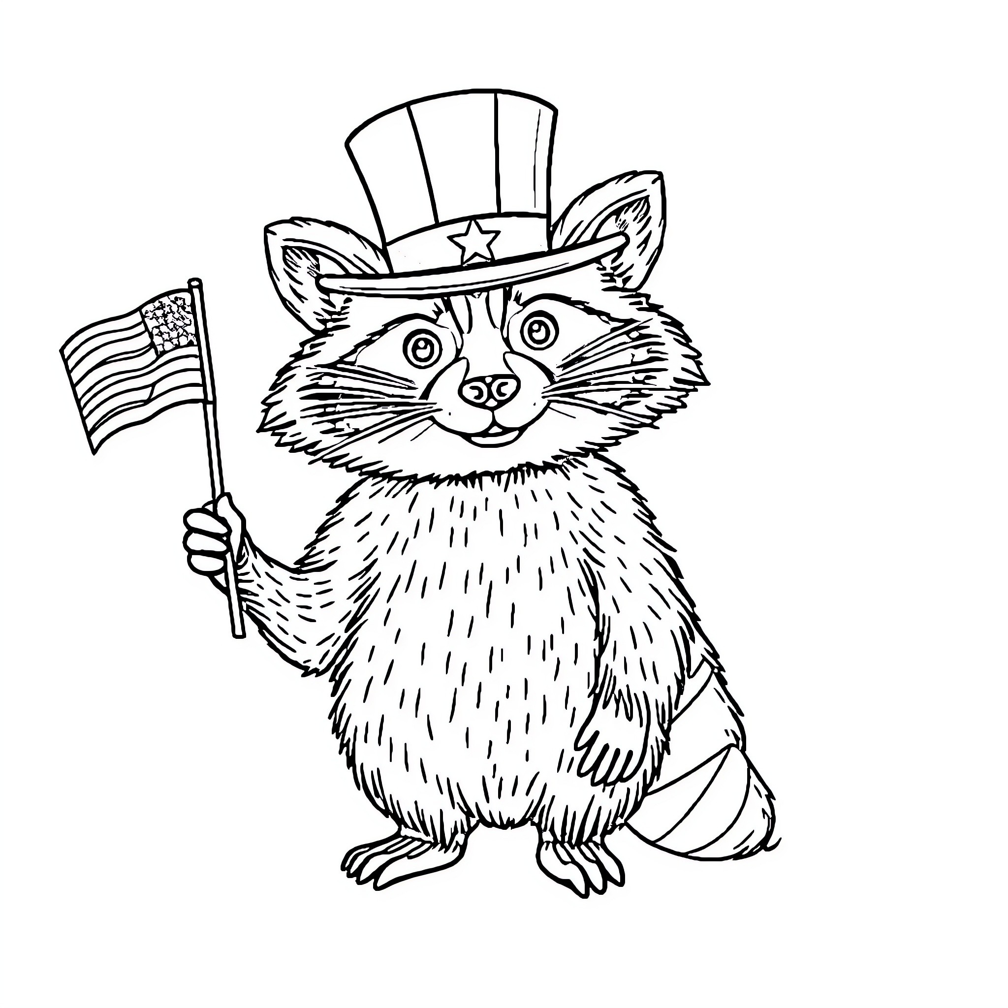 Raccoon wearing patriotic hat and holding flag Coloring Page (free black-and-white line drawing printable PDF for all, from beginners to advanced learners, including children, teens, adults, and seniors)