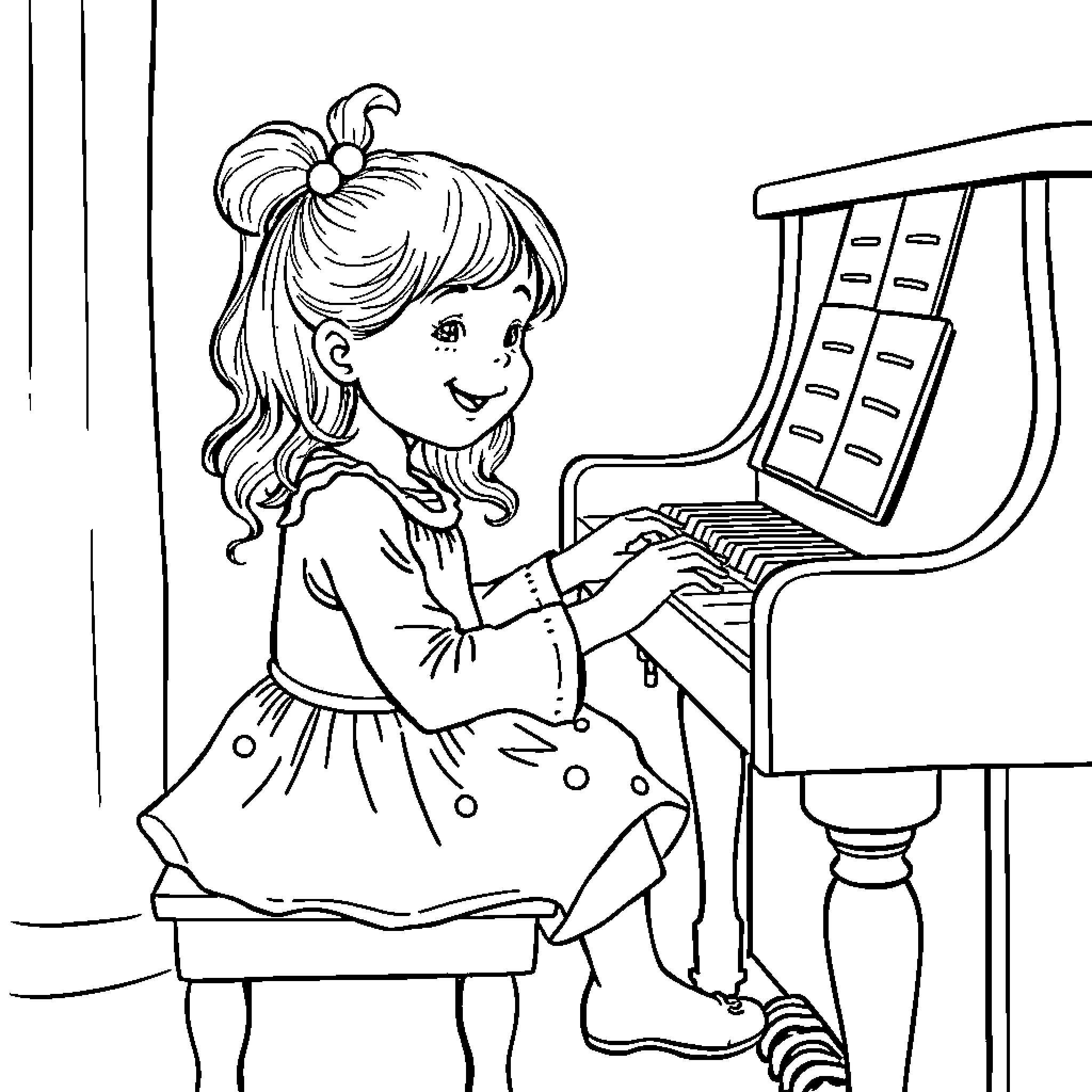 Piano girl joyfully playing the piano Coloring Page (free black-and-white line drawing printable PDF for all, from beginners to advanced learners, including children, teens, adults, and seniors)